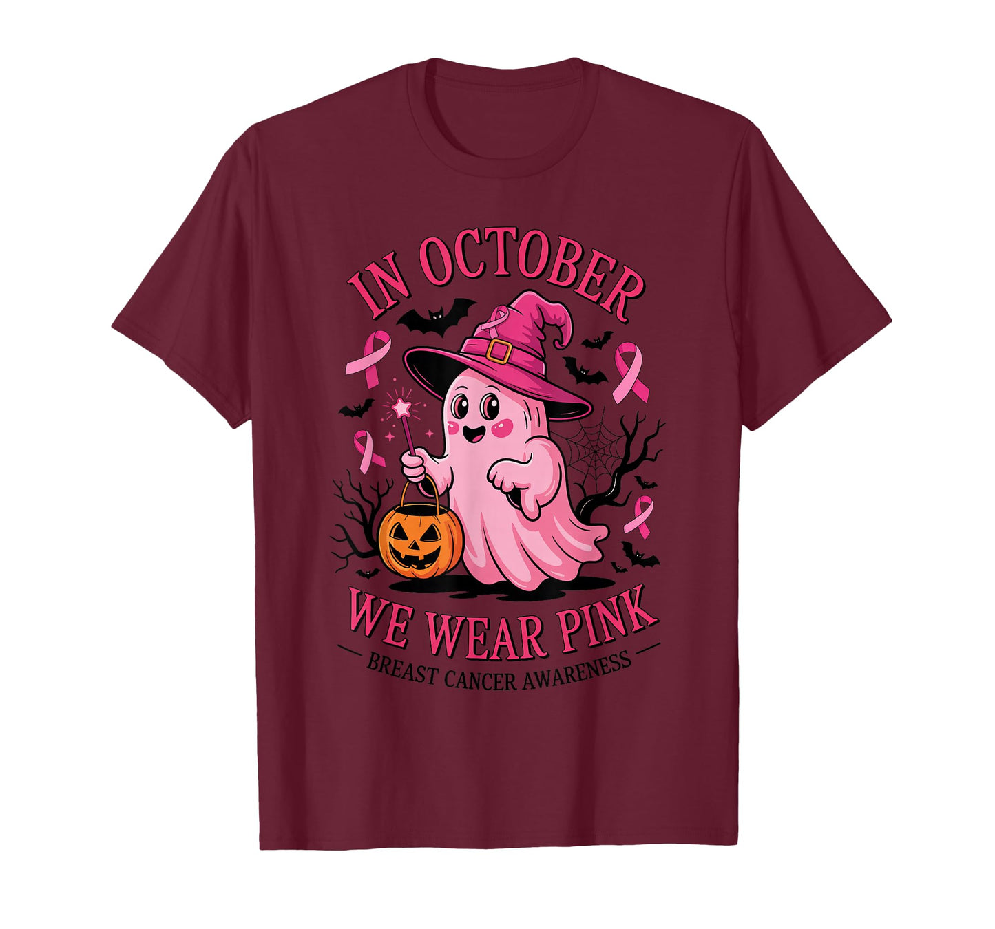 Ghost Witch in October We Wear Pink Breast Cancer Awareness T-Shirt
