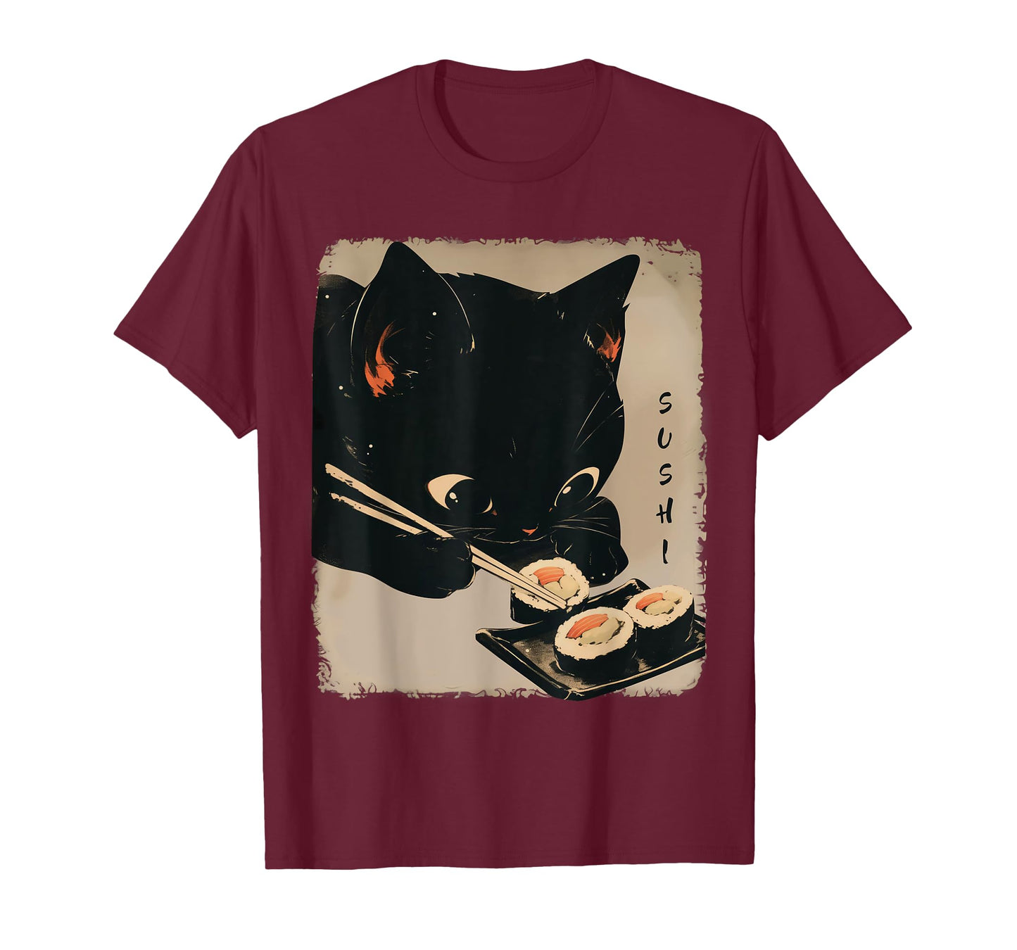Kawaii Cat Eating Sushi Funny Japanese Anime Cute Cat Girls T-Shirt