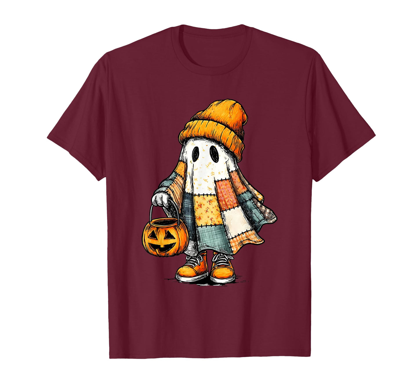 Retro Halloween Ghost Patchwork Spooky Ghost Fall Aesthetic T-Shirt