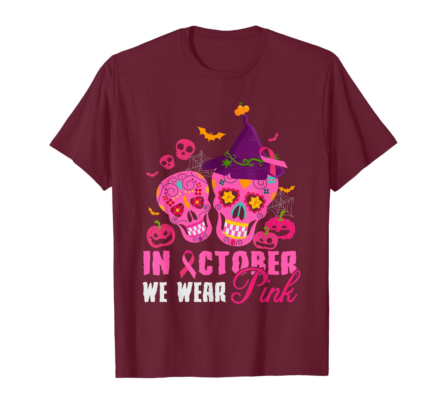 Halloween Breast Cancer in October We Wear Pink Skull Witch T-Shirt