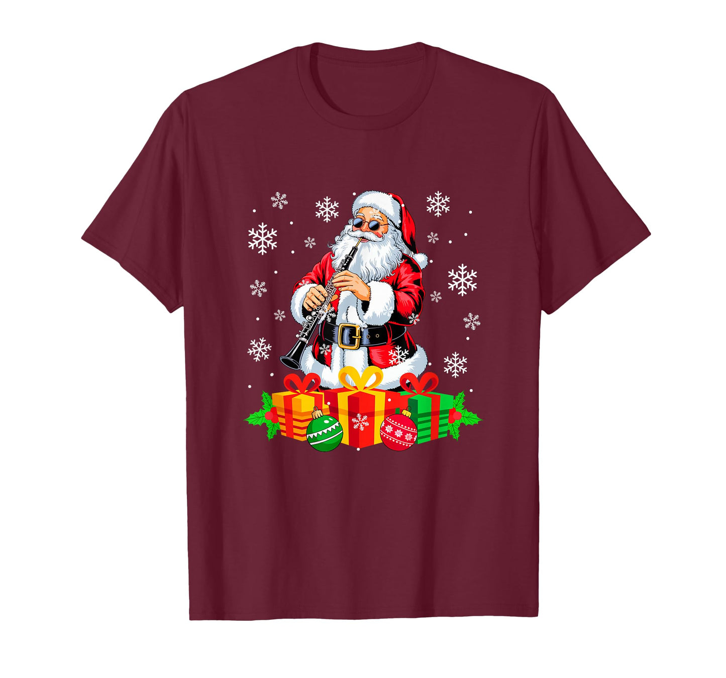 Santa Playing Oboe Instrument Colorful Christmas Boxes T-Shirt