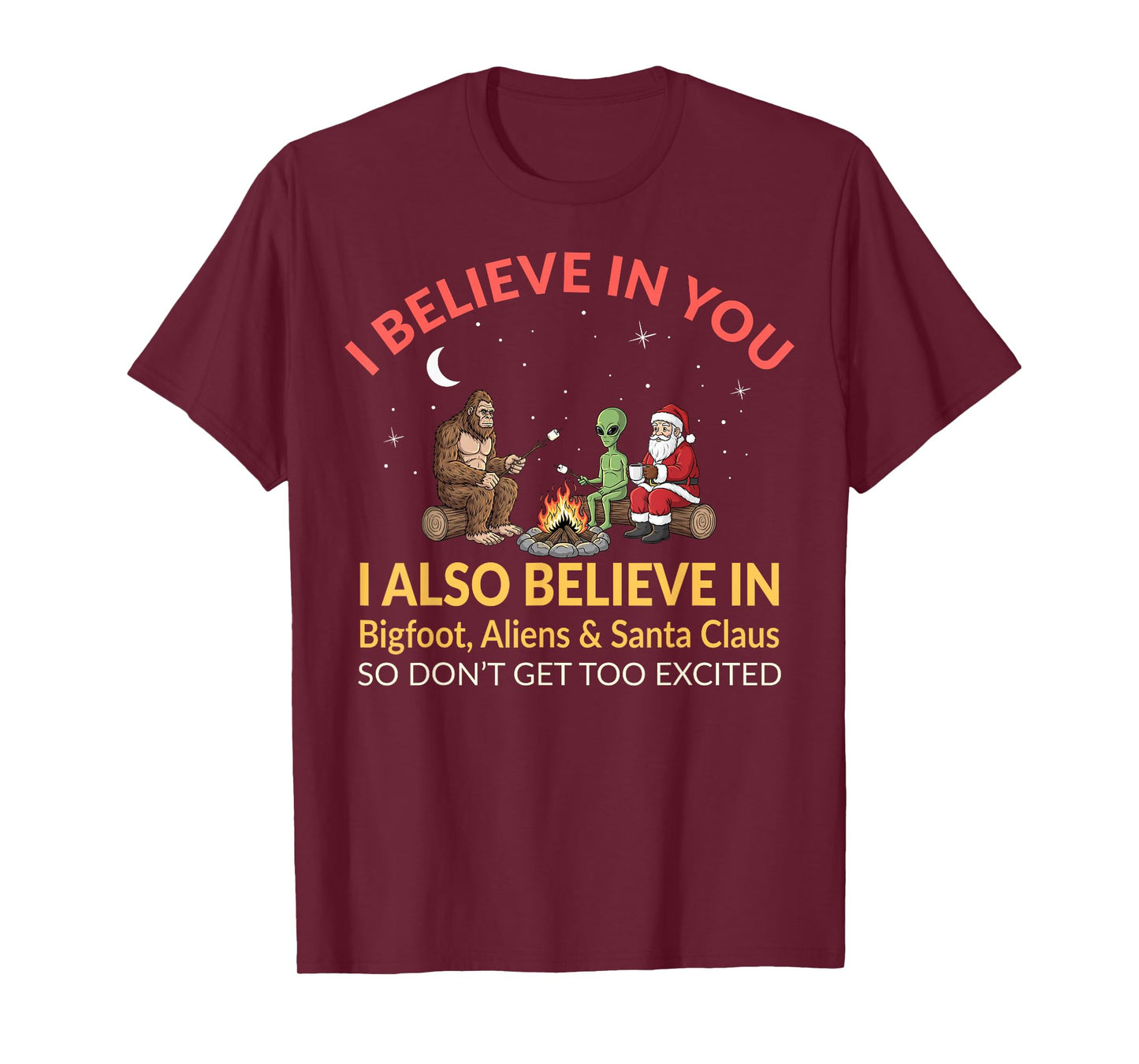 I Believe in You Funny Bigfoot Aliens Santa Claus Campfire T-Shirt