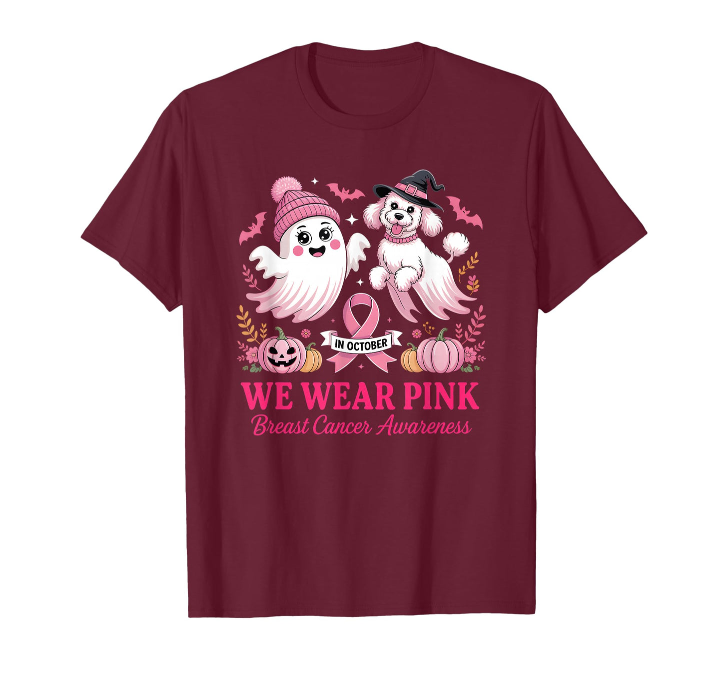in October We Wear Pink Ghost Poodle Breast Cancer Awareness T-Shirt