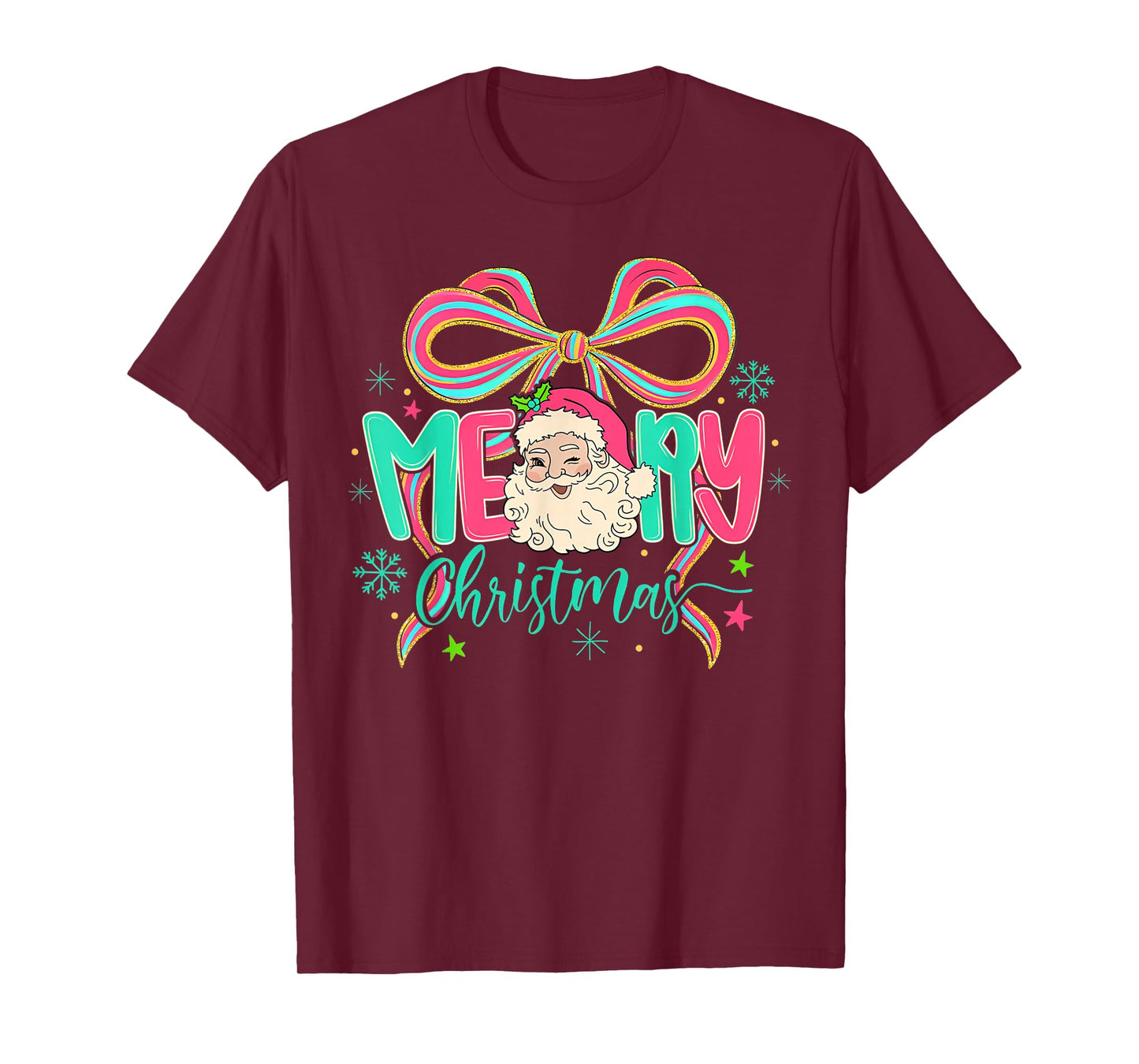 Coquette Bow Santa Preppy Christmas Bow Merry Christmas T-Shirt