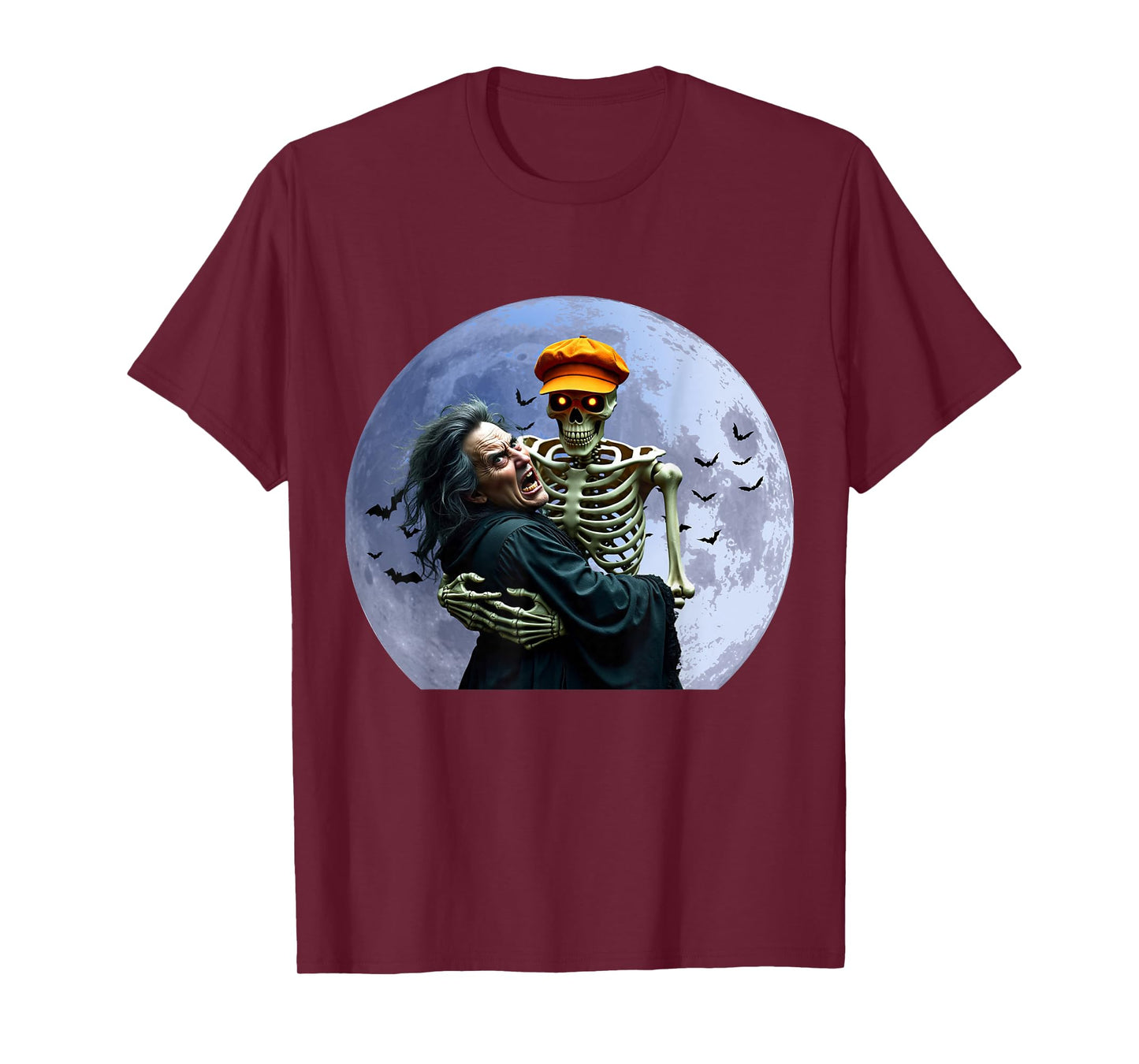 Halloween Skeleton Holding A Witch Under The Full Moon T-Shirt