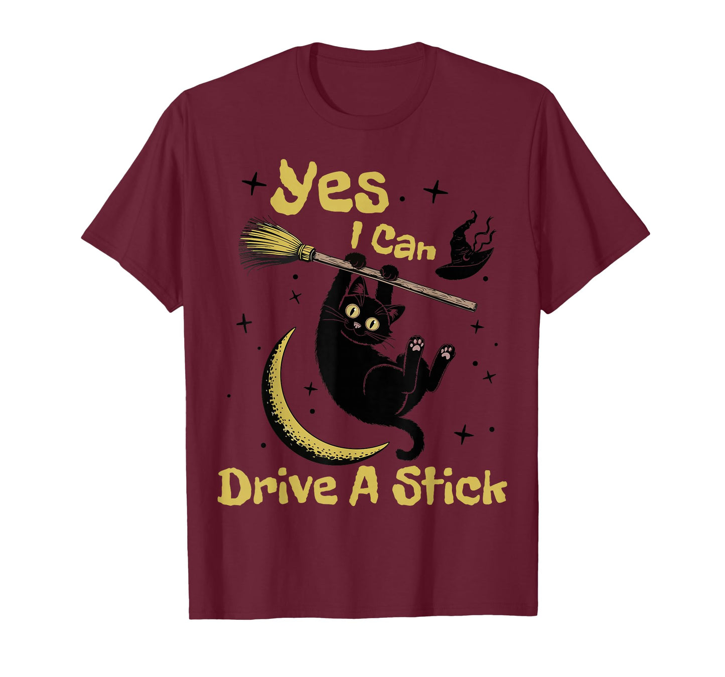 Yes I Can Drive A Stick Funny Halloween Spooky Witch Cat Mom T-Shirt
