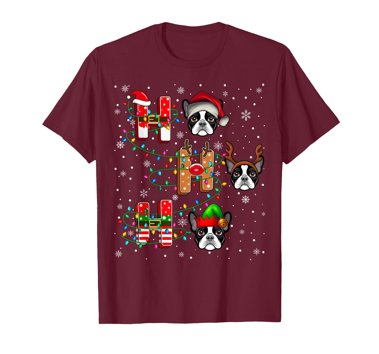 Ho Ho Ho Santa Reindeer Elf Matching Boston Terrier Dog Xmas T-Shirt