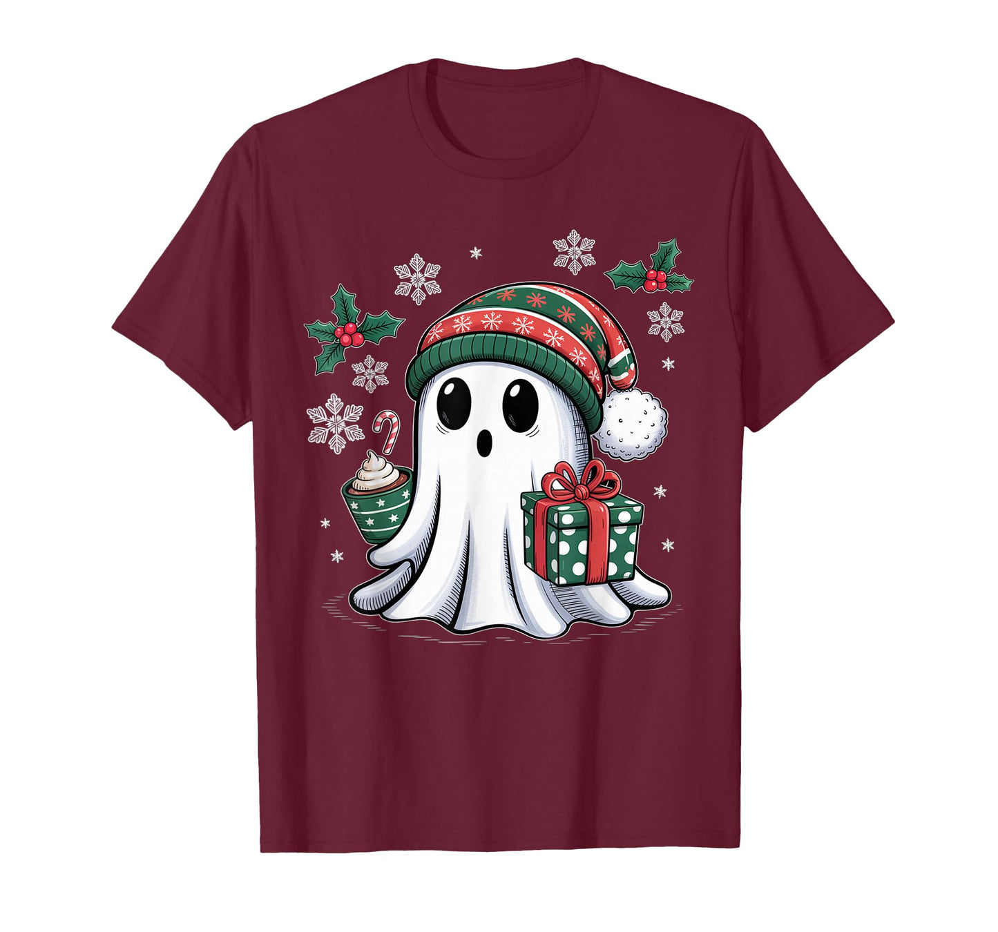Cute Christmas Ghost Spirit with Santa Hat Coffee and Gift T-Shirt