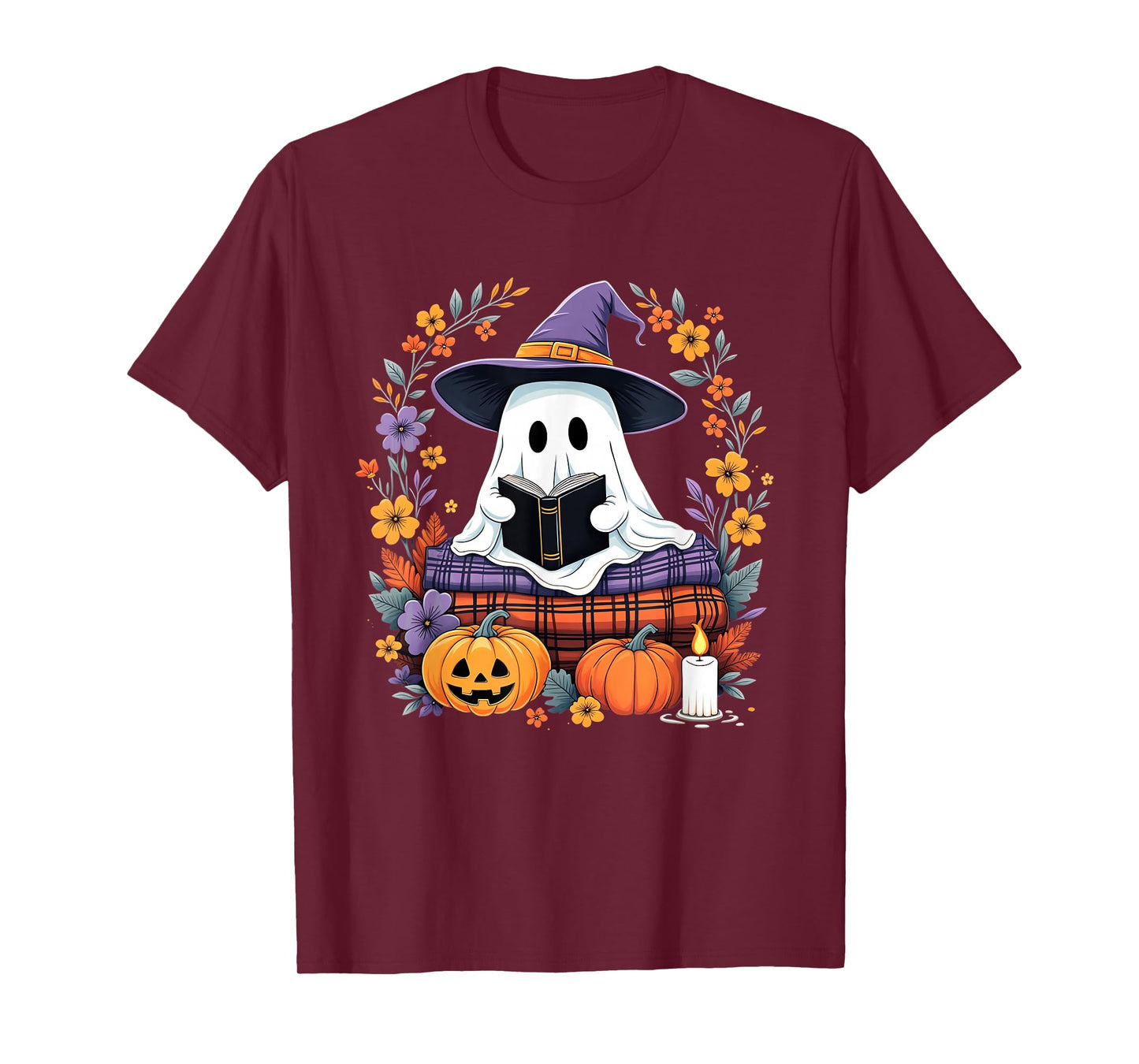 Halloween Ghost Witch Hat Reading Pumpkins Flowers Candle T-Shirt