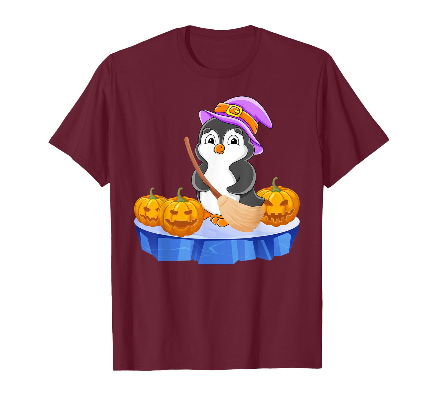 Funny Penguin in Witch Costume Pumpkins Happy Halloween Day T-Shirt