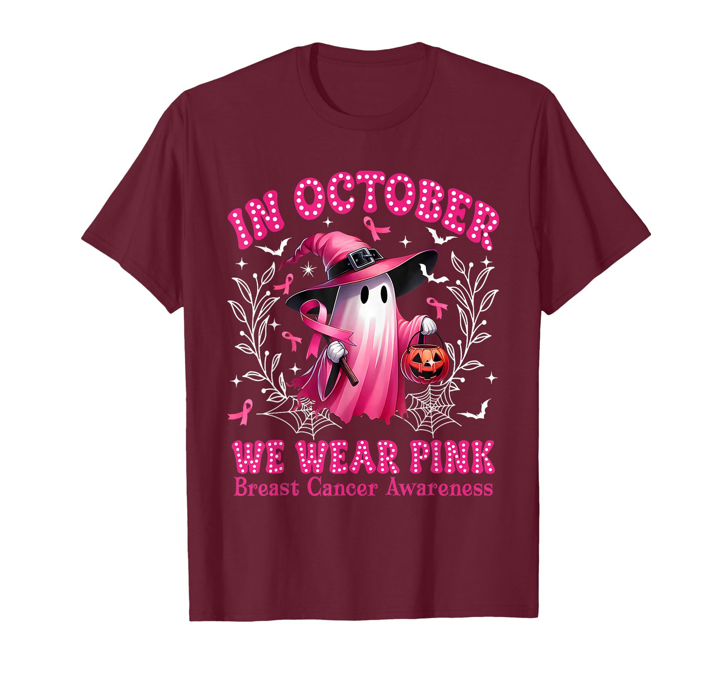 in October We Wear Pink Ghost Witch Breast Cancer Awareness T-Shirt