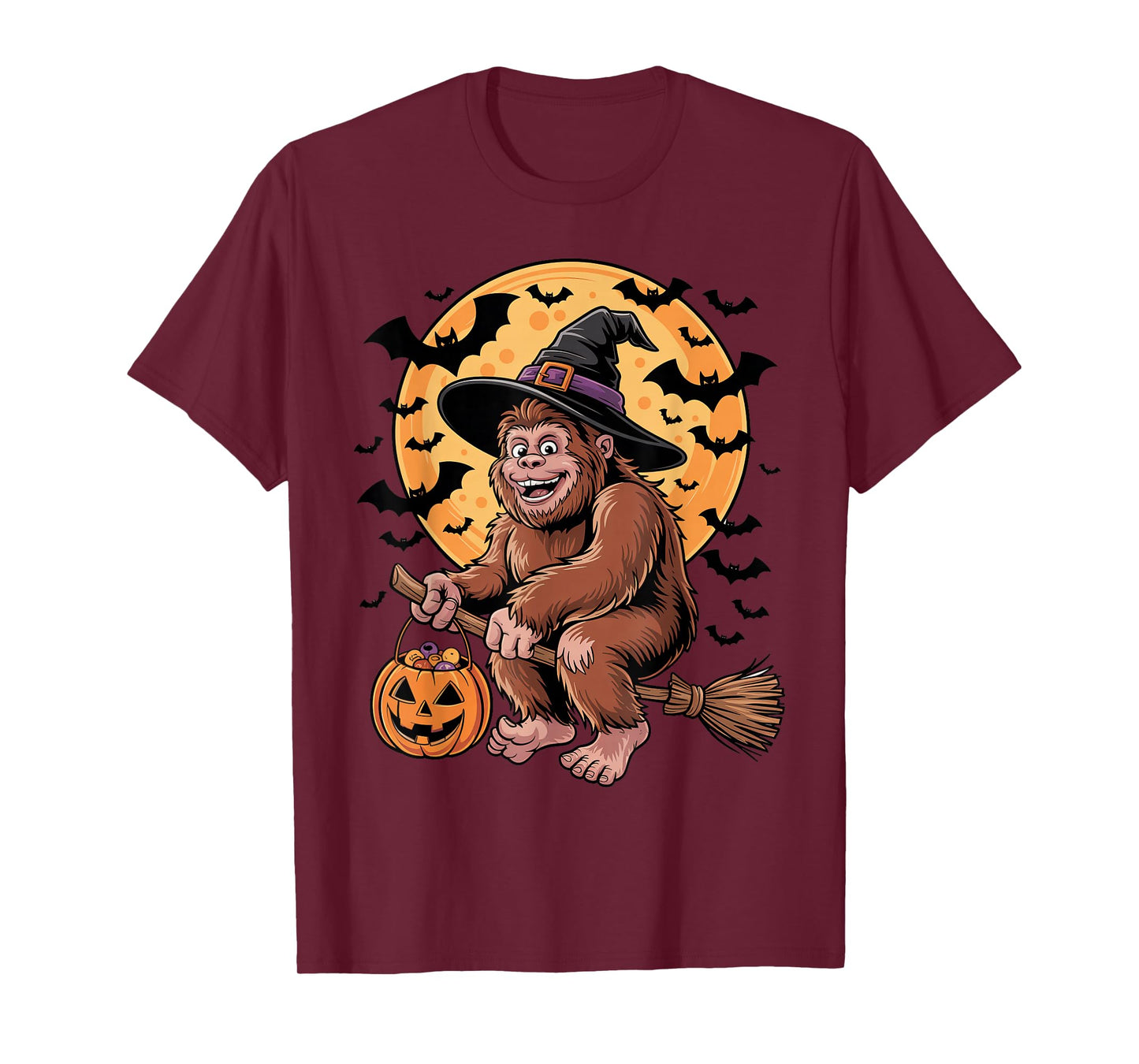Halloween Bigfoot Witch Hat and Broom Pumpkin Candy Bucket T-Shirt