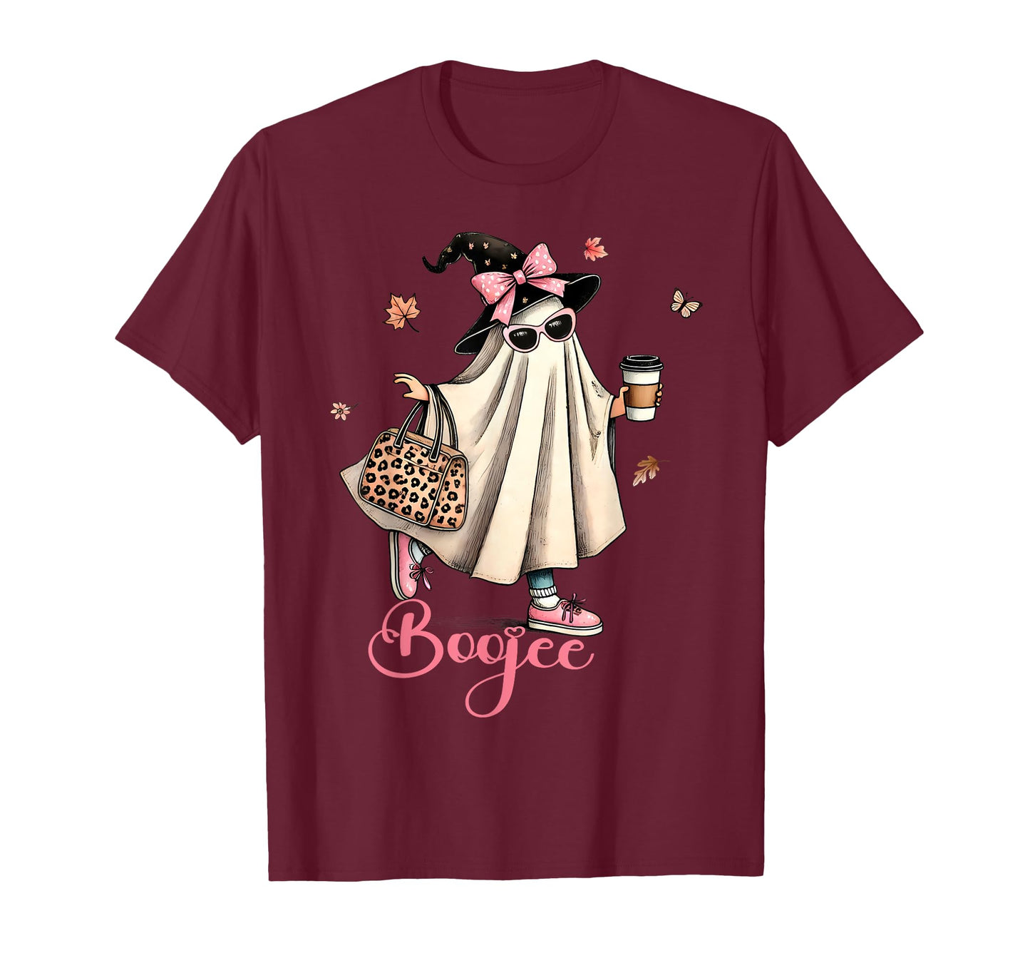 Boo Jee Ghost Drinking Coffee Coquette Bow Halloween Women T-Shirt