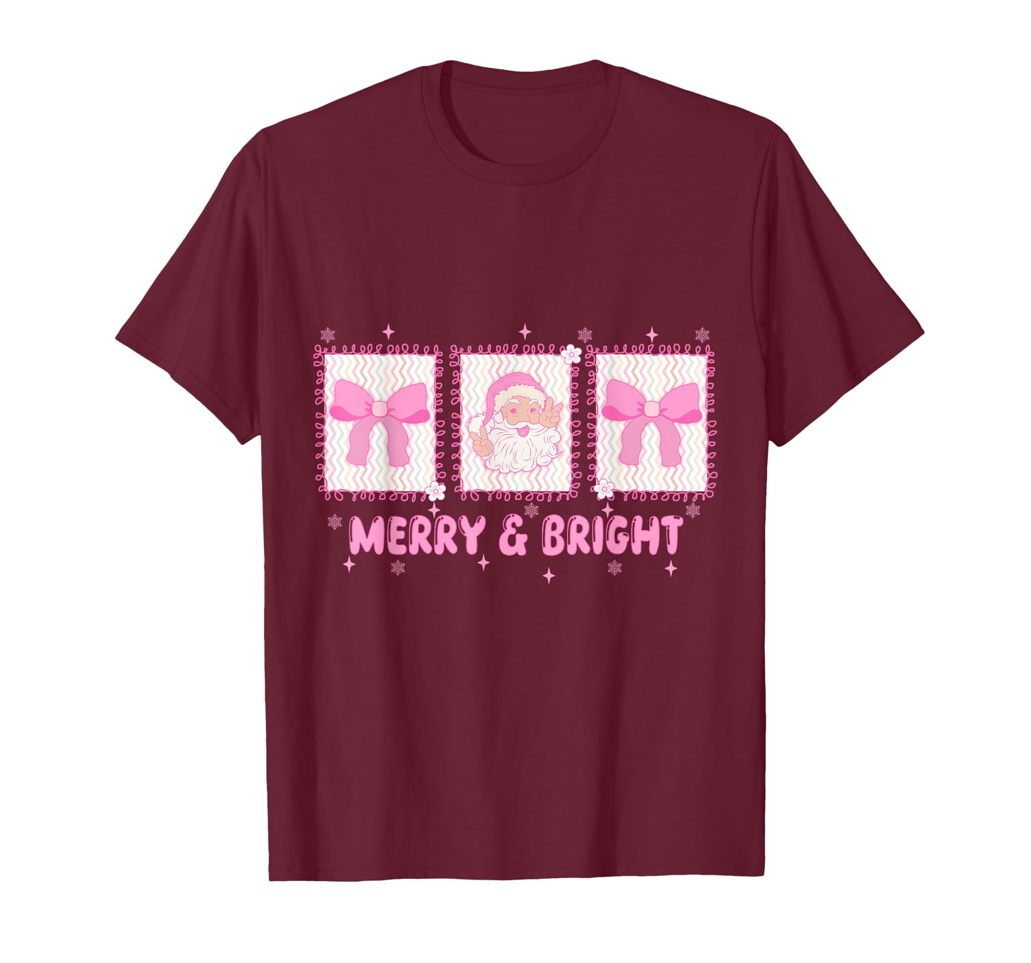 Merry and Bright Pink Christmas Bow Coquette Preppy Santa T-Shirt