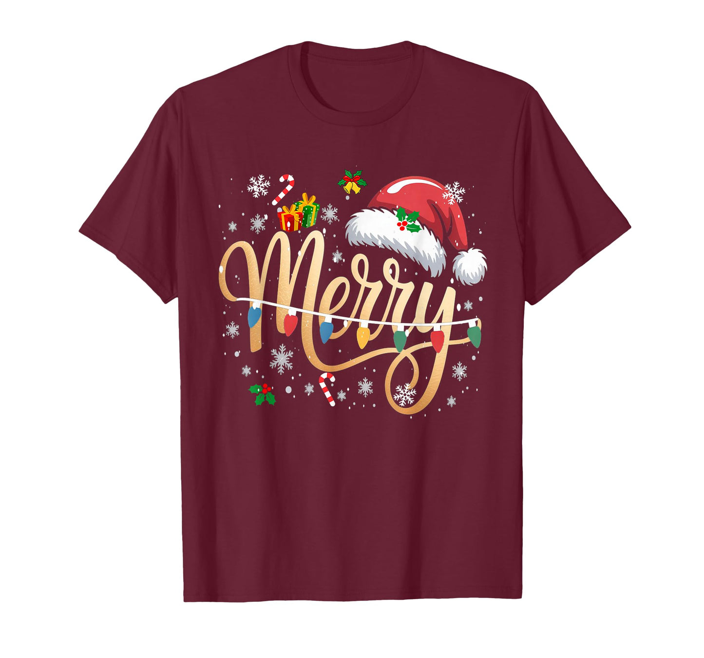 Merry Christmas Lights Red Santa Hat Xmas Men Women Kid T-Shirt