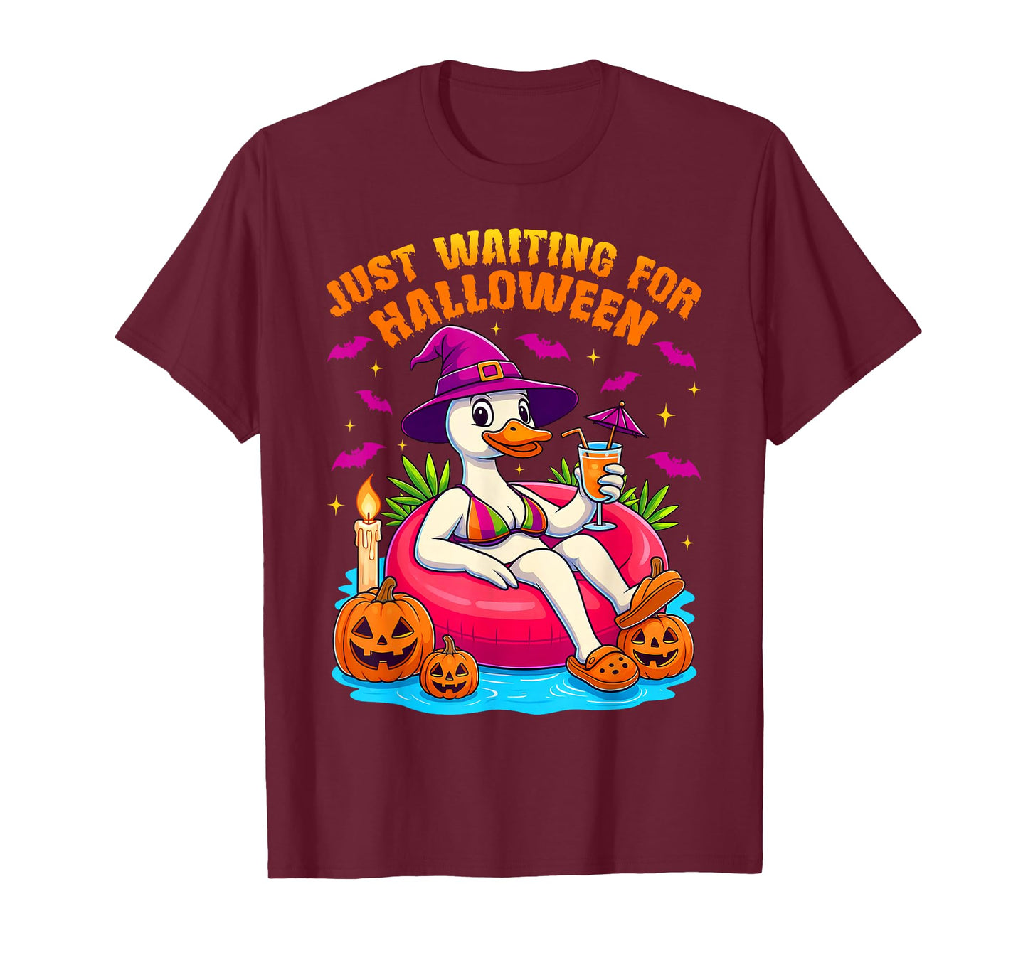 Funny Just Waiting for Halloween Goose & Wicth Hat On Float T-Shirt