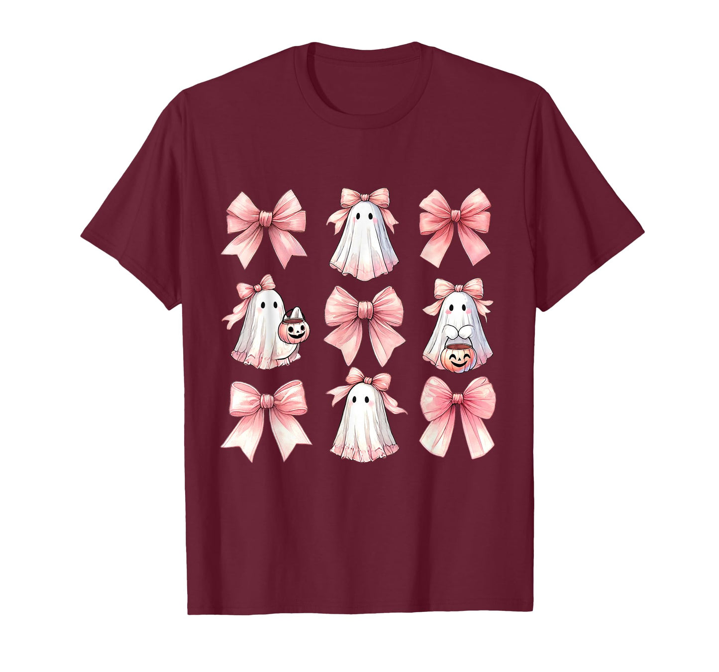 Cute Ghost Florals Pink Coquette Bows Pumpkins Halloween T-Shirt