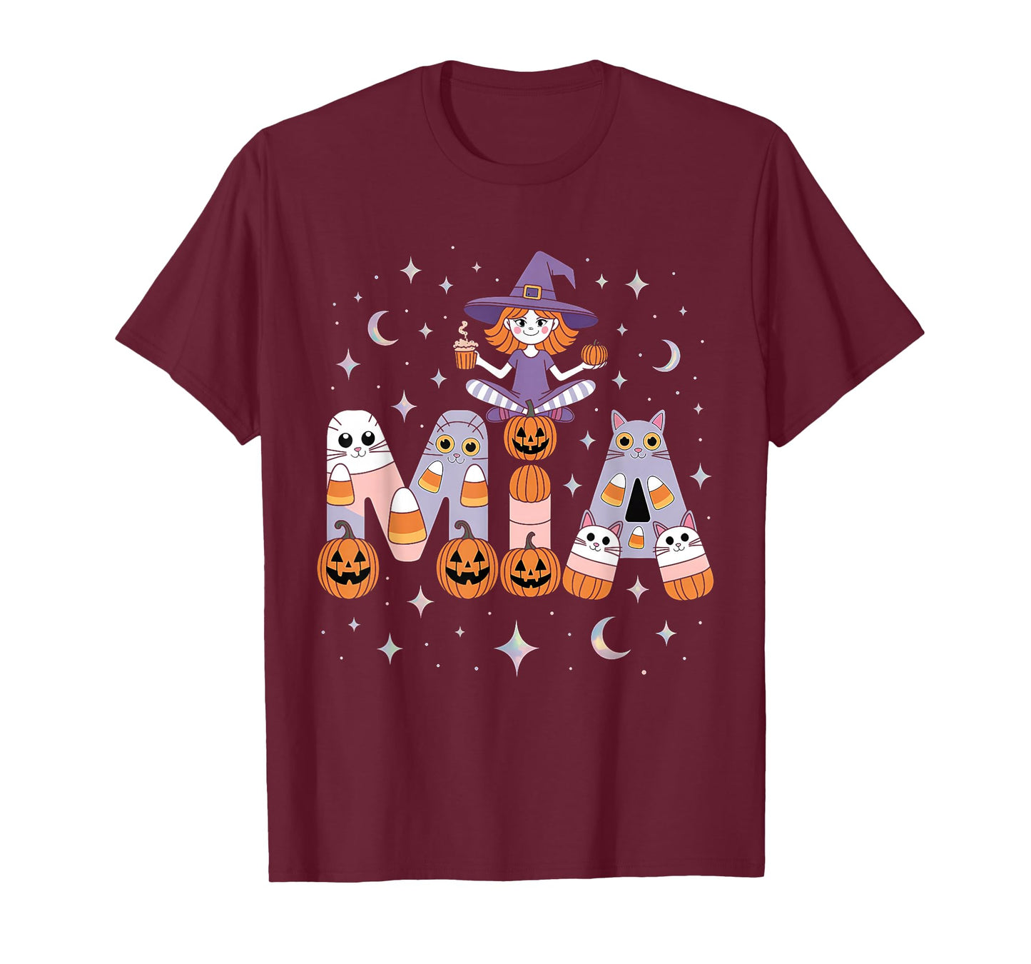 Mia Witch Candy Corn Cat Halloween Women and Girls T-Shirt