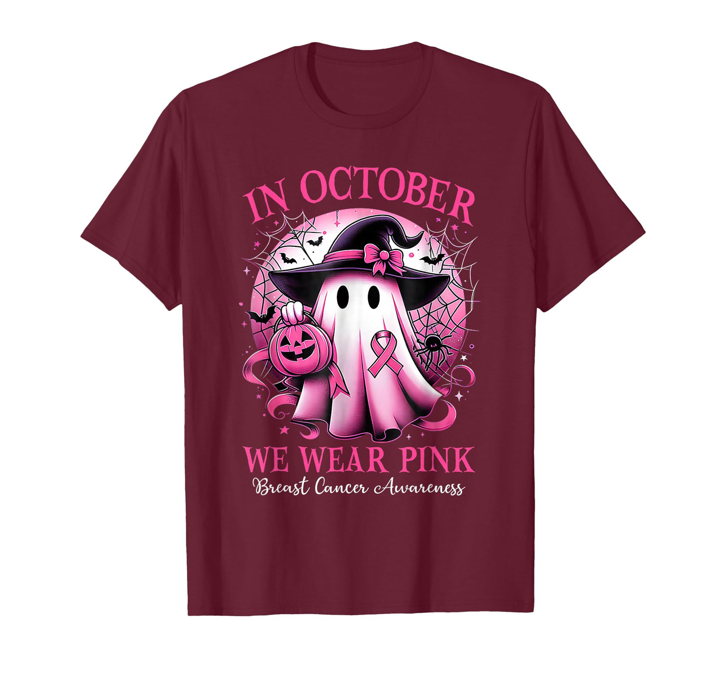 in October We Wear Pink Ghost Witch Breast Cancer Awareness T-Shirt