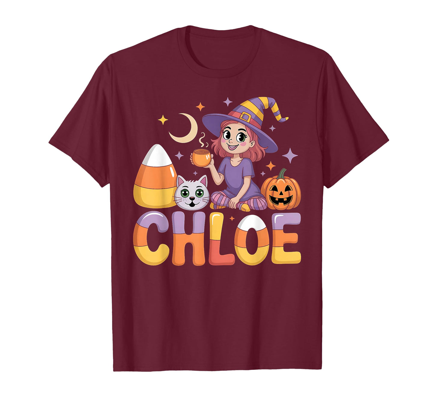 Chloe Witch Candy Corn Cat Halloween Women and Girls T-Shirt