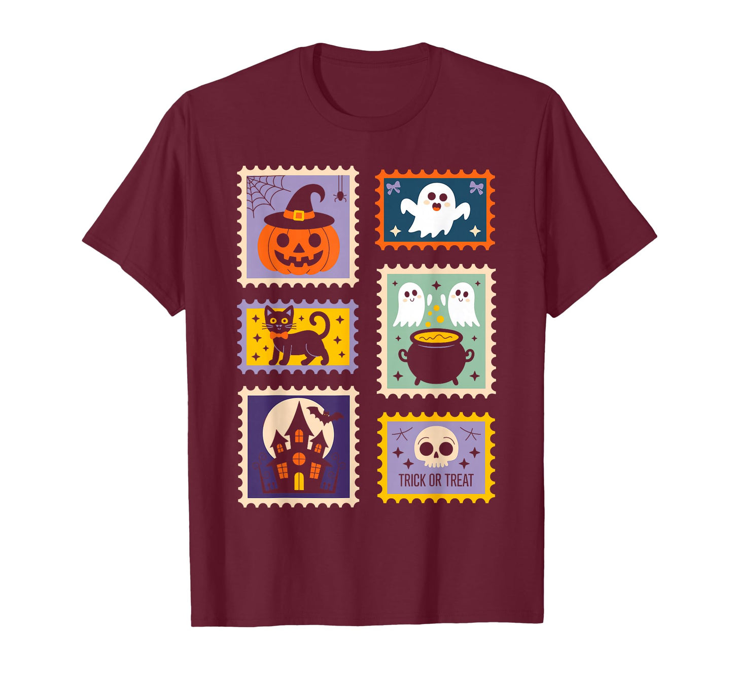 Halloween Stamps Spooky Pumpkin Ghost Cat Witch Skeleton T-Shirt