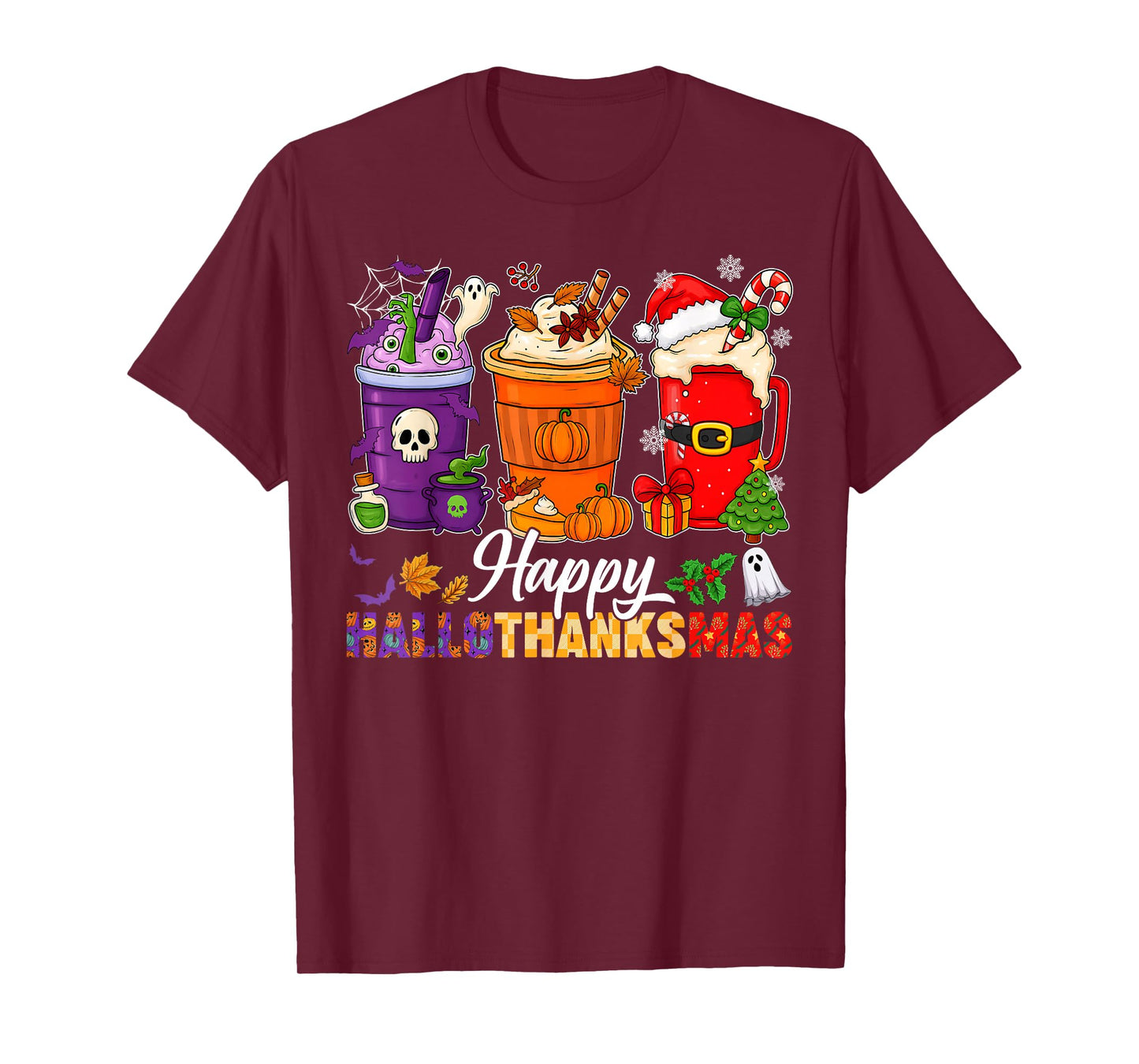 Happy Hallothanksmas Coffee Halloween Thanksgiving Christmas T-Shirt