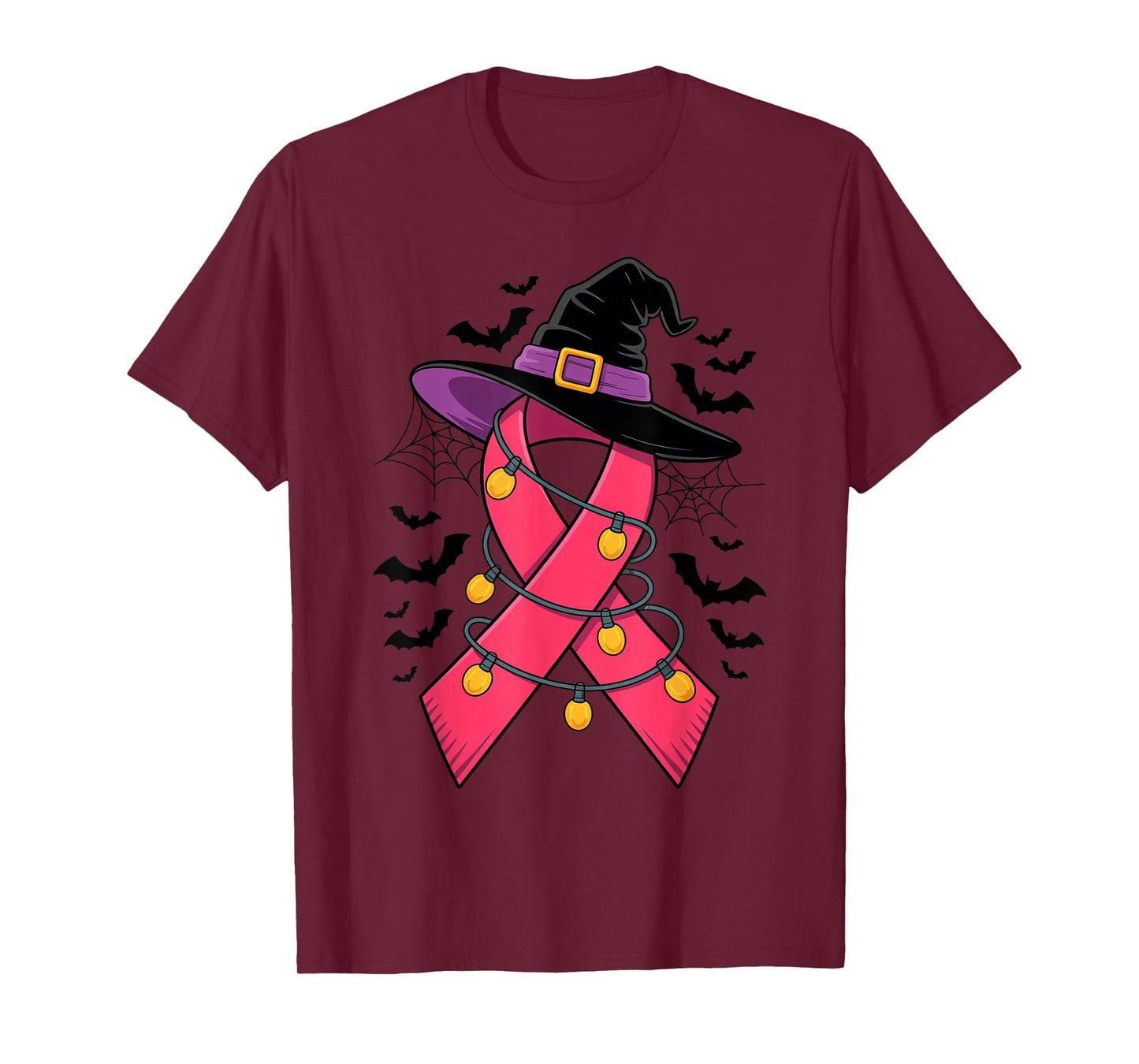 Womens Pink Ribbon Witch Hat Halloween Breast Cancer Warrior T-Shirt
