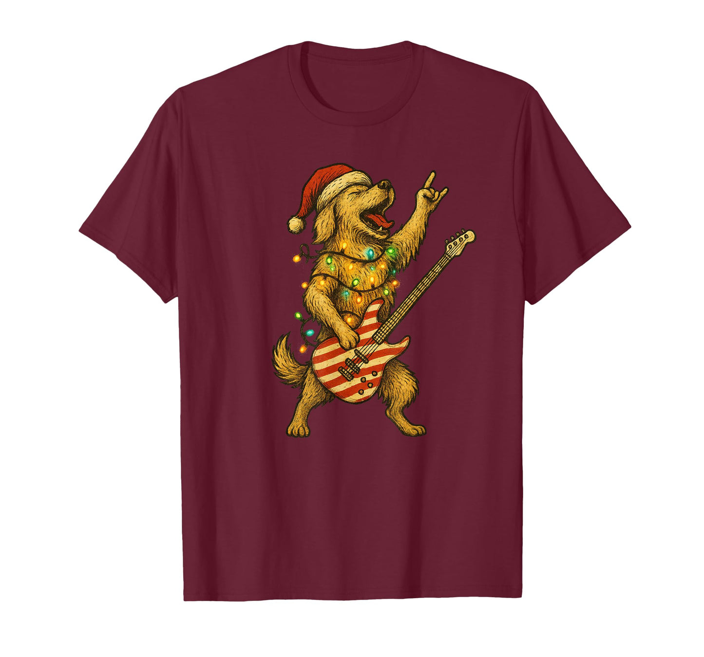 Christmas Golden Retriever Dog Playing Electric Guitar Rock T-Shirt