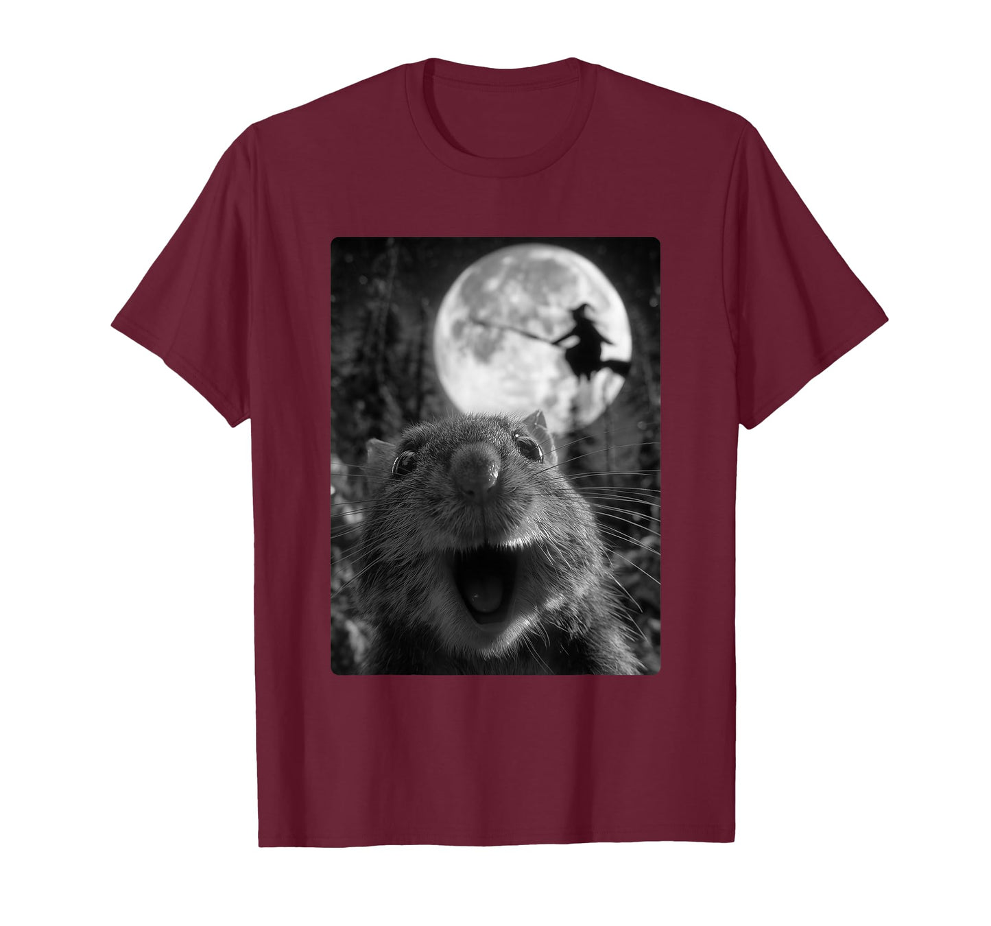 Funny Hamster Selfie Full Moon Flying Witch Forest Halloween T-Shirt