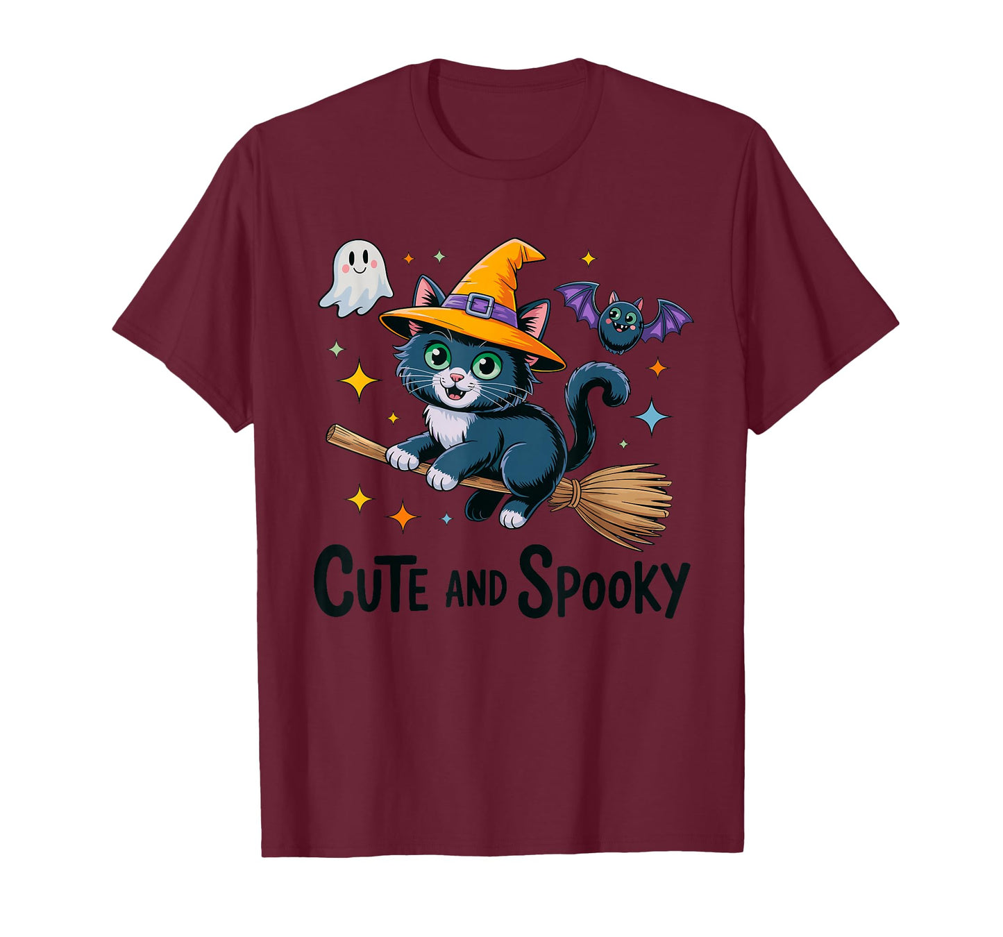 Halloween Cute Cat Flying On Broom with Ghost Stars T-Shirt