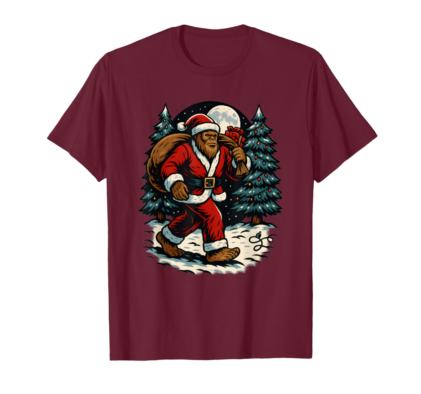 Gorilla Santa Christmas Outfit Bigfoot Holiday Walk in Snow T-Shirt