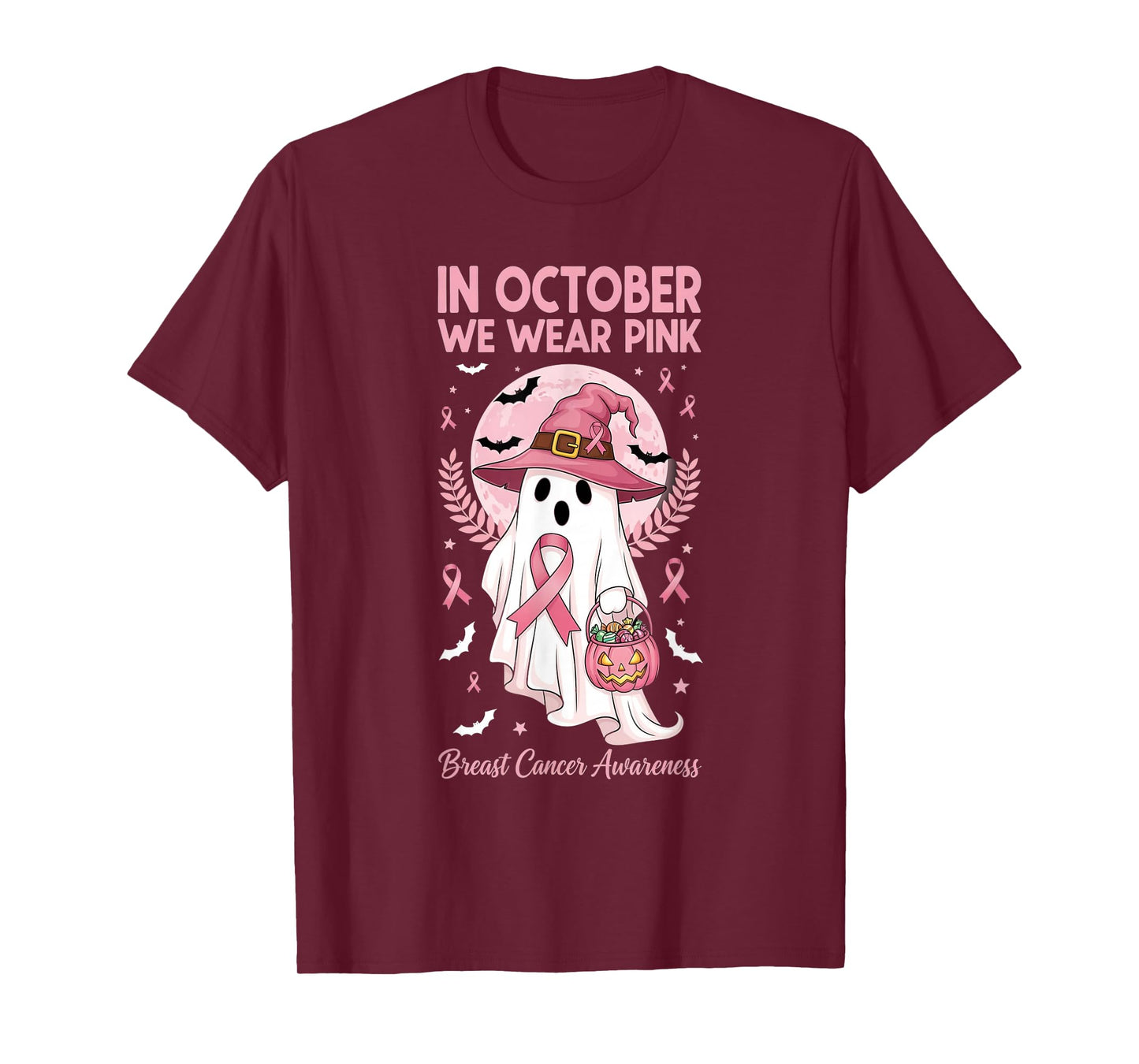 in October We Wear Pink Ghost Breast Cancer Support Womens T-Shirt