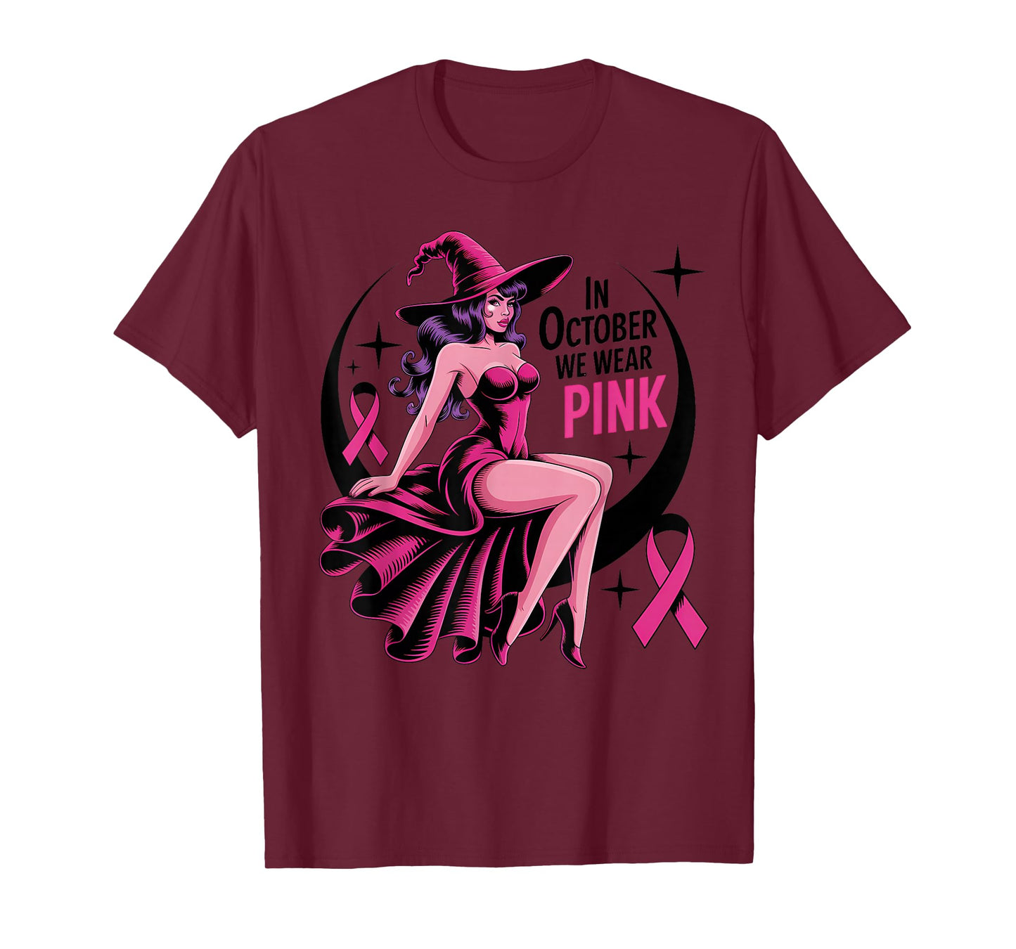 in October We Wear Pink Witch Breast Cancer Awareness Women T-Shirt
