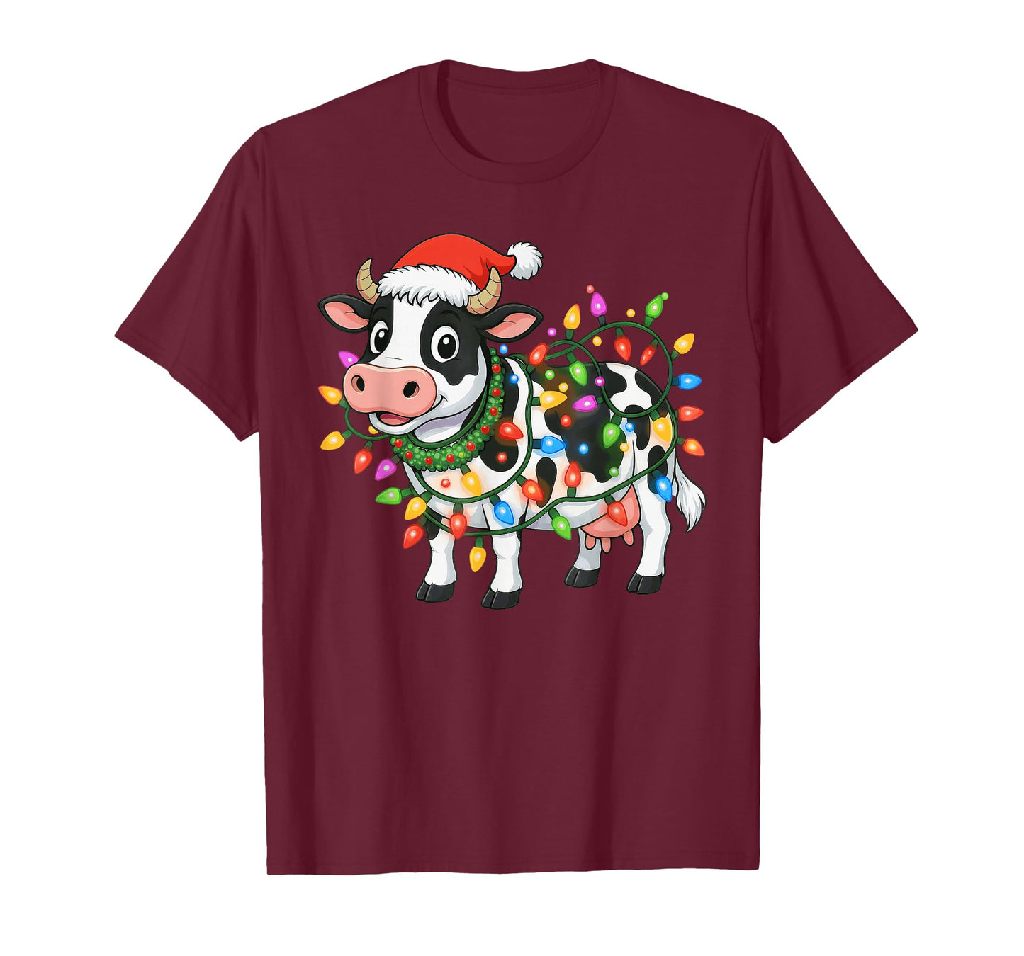 Christmas Cow Santa Hat Lights Xmas Men Women Boys Kids T-Shirt