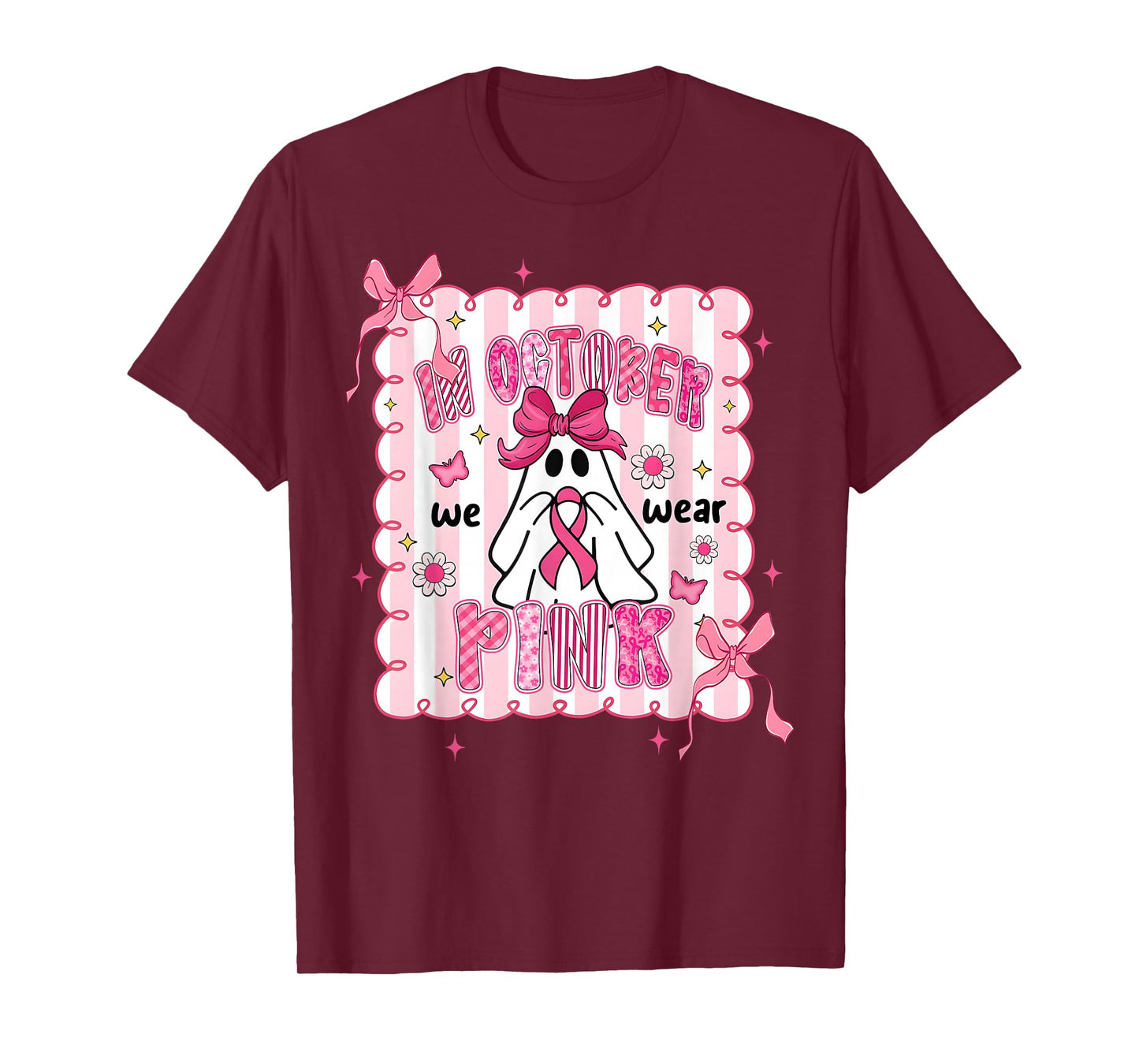 October We Wear Pink Breast Cancer Ghost Coquette Halloween T-Shirt