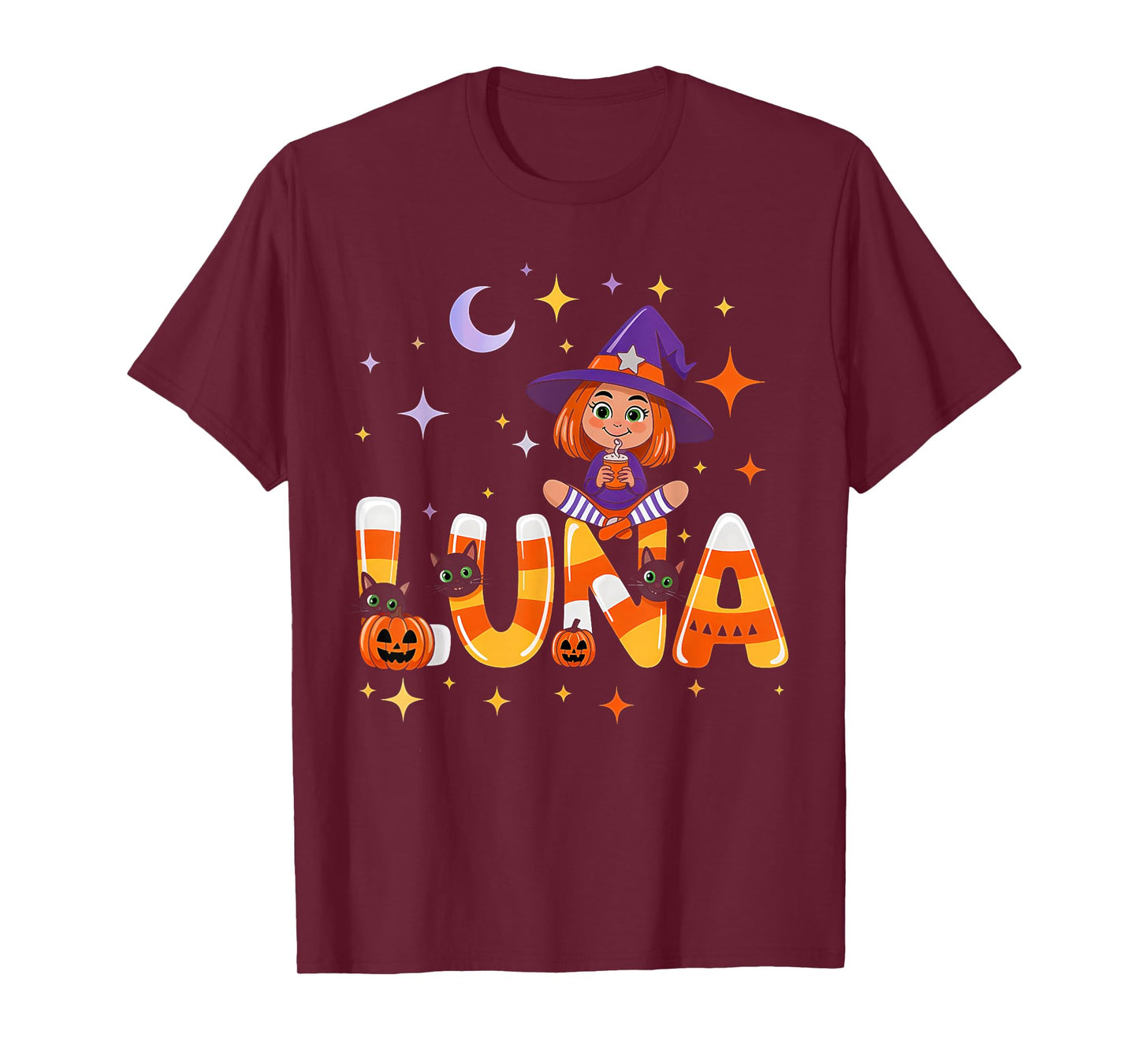 Luna Witch Candy Corn Cat Halloween Women and Girls T-Shirt