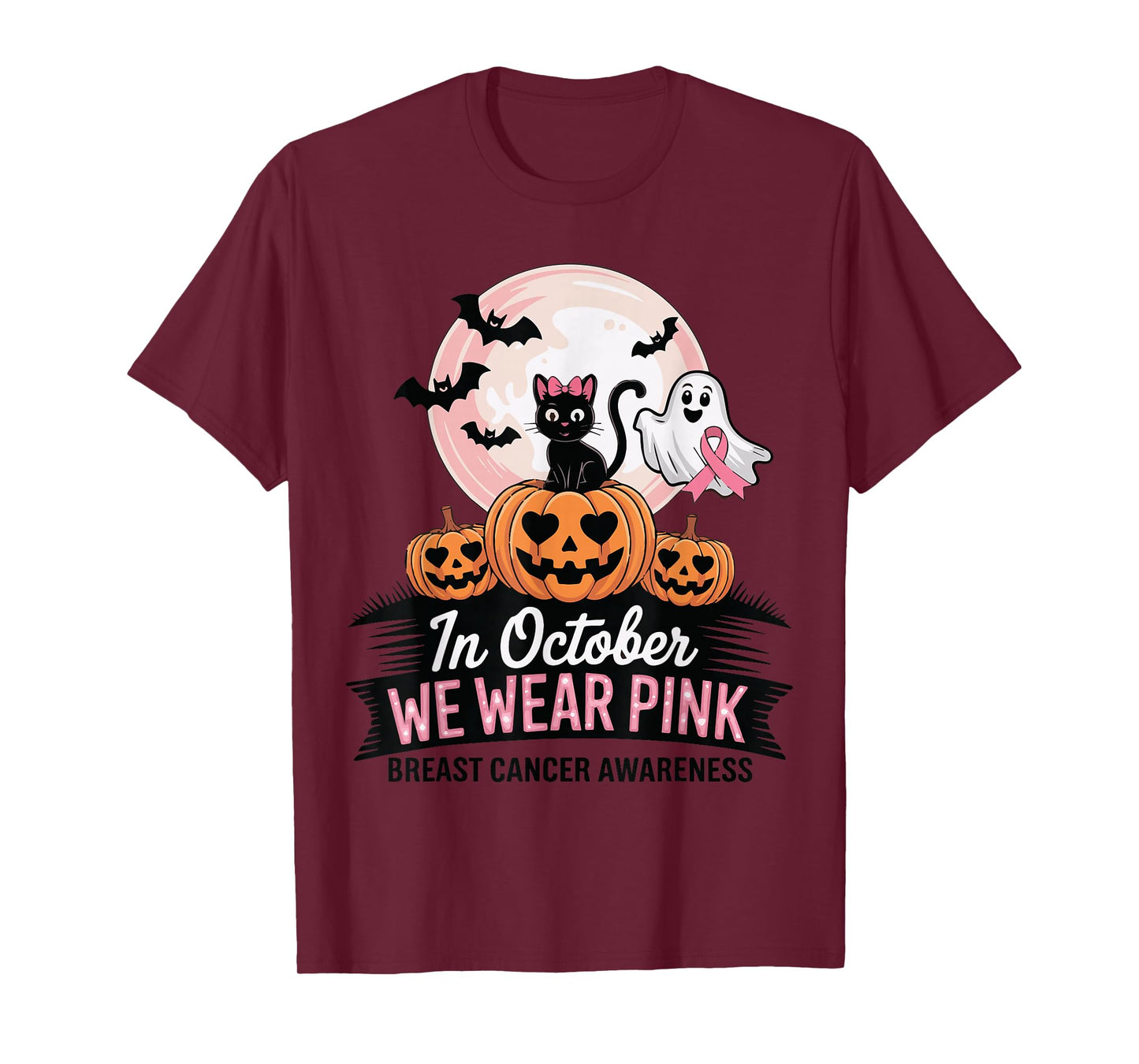 in October We Wear Pink Ghost Witch Breast Cancer Awareness T-Shirt