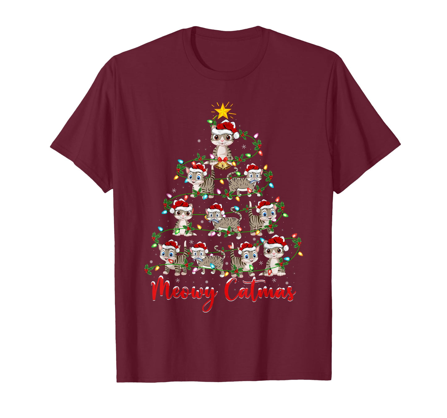 Cat Christmas Tree Lights Meowy Catmas Xmas Boys Girls Kids T-Shirt
