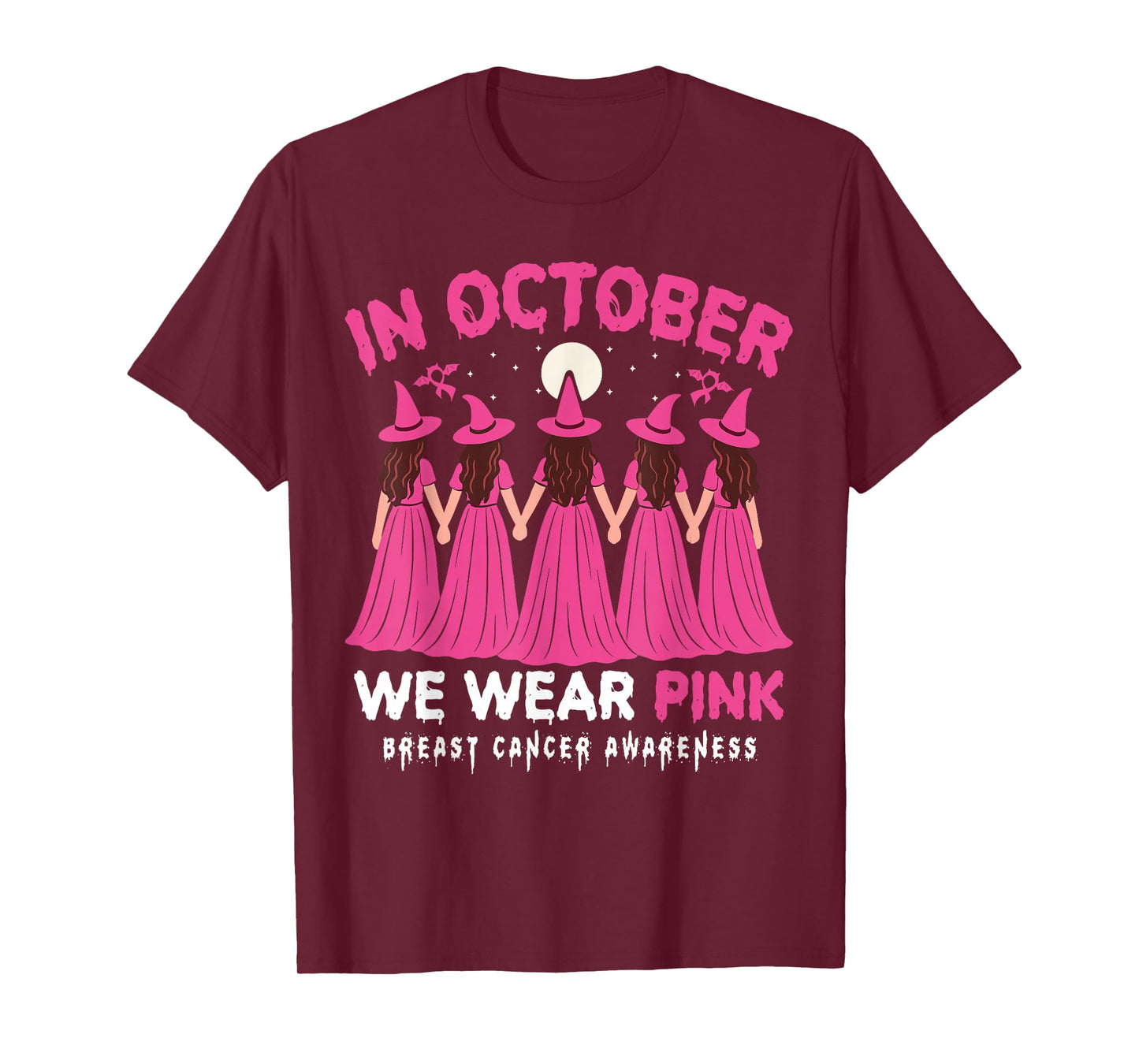 in October We Wear Pink Halloween Witch Breast Cancer Women T-Shirt