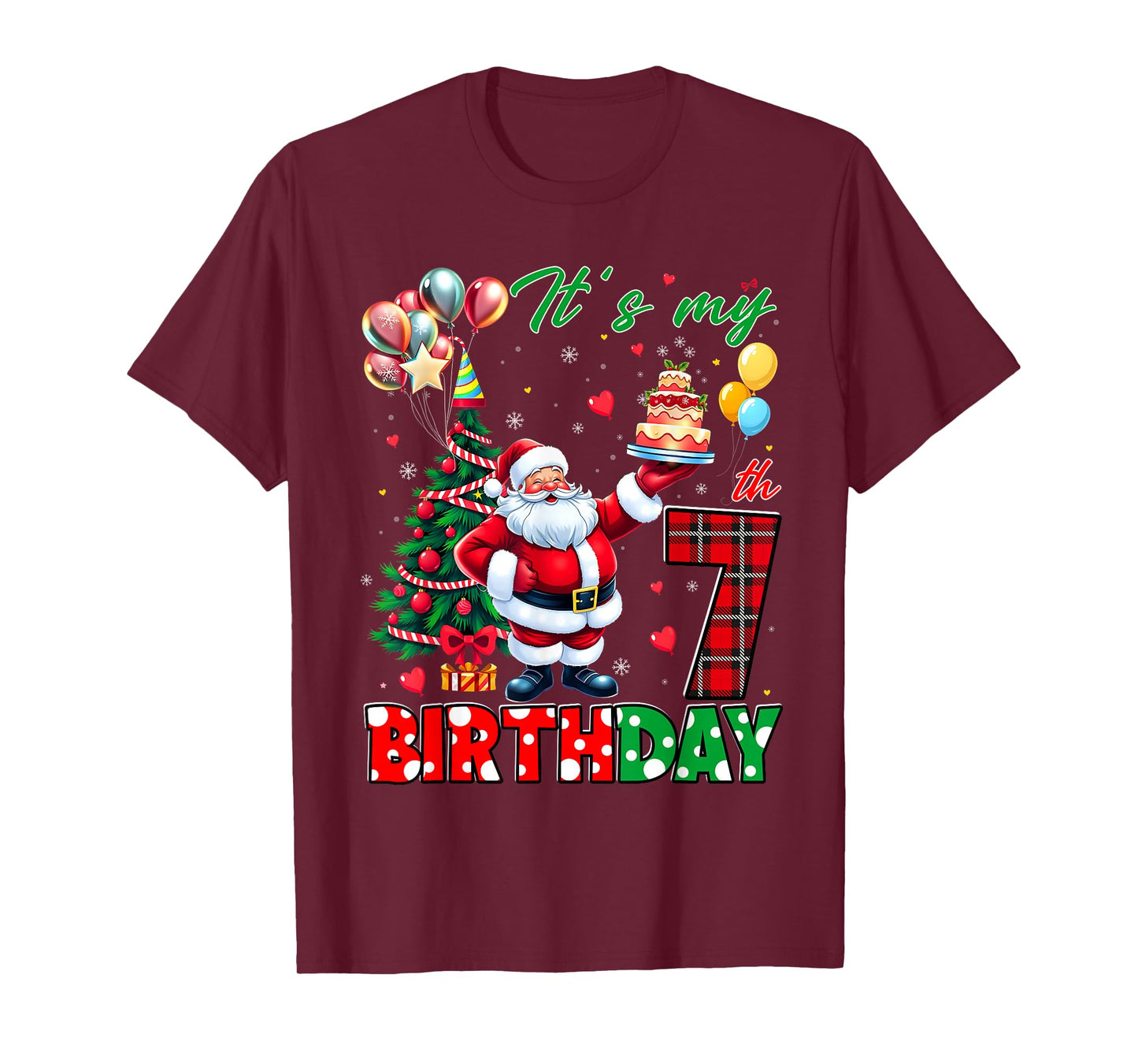 Kids It's My 7th Birthday Cute Santa Christmas 7 Years Old T-Shirt