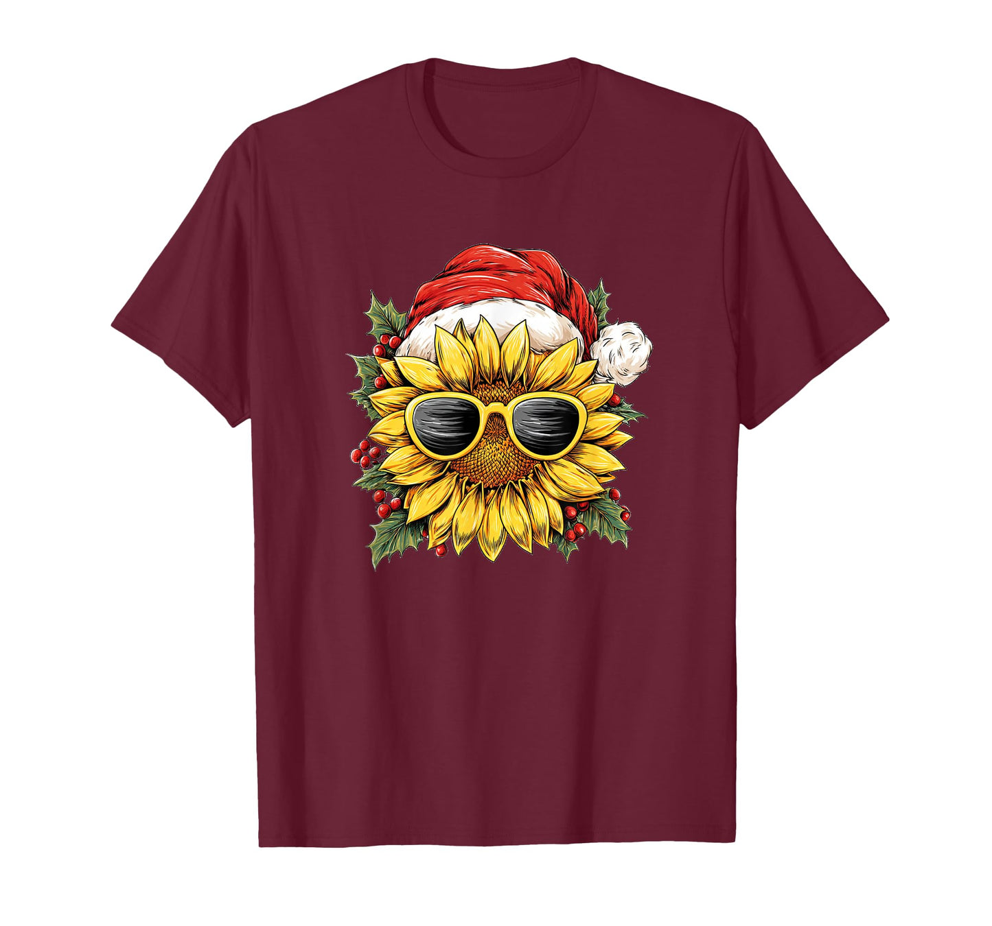 Festive Sunflower in Xmas Style for Santa Hat and Sunglasses T-Shirt