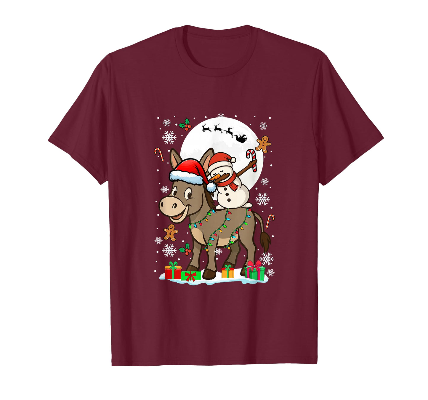 Dabbing Snowman On Donkey Christmas Santa Colorful Lights T-Shirt