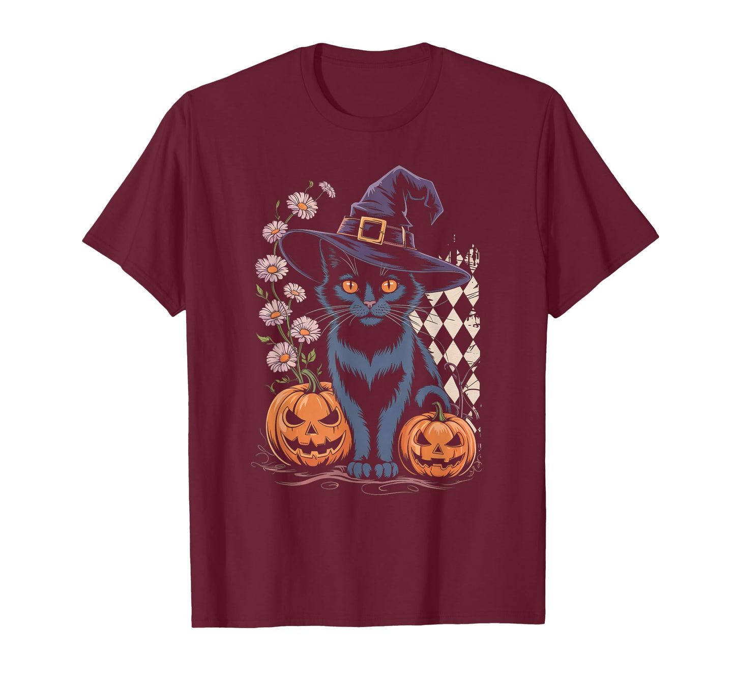Cute Witch Cat Halloween Pumpkin Floral Aesthetic Tee T-Shirt