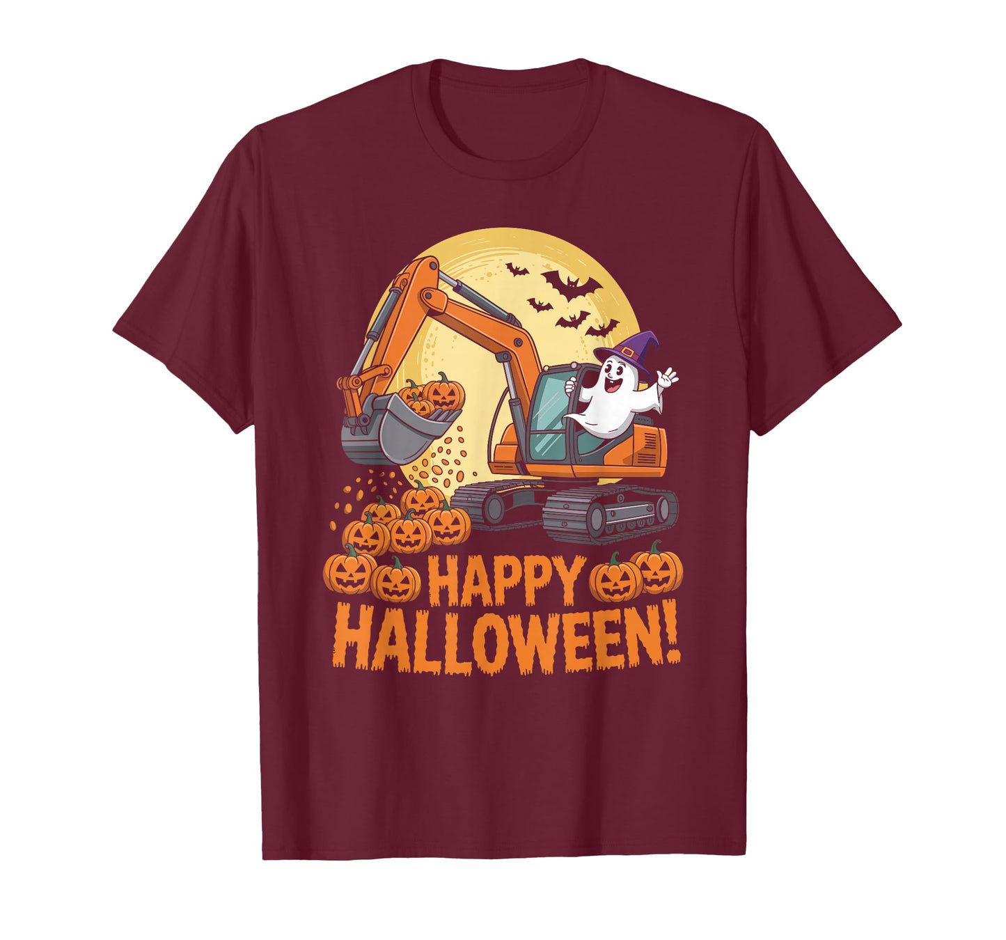 Happy Halloween Ghost Pumpkins and Excavator Construction T-Shirt