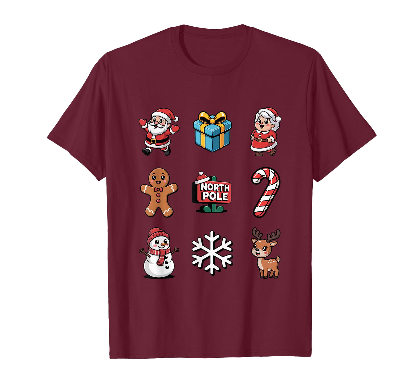 Cute Xmas Characters Santa Candy Cane Snowman T-Shirt