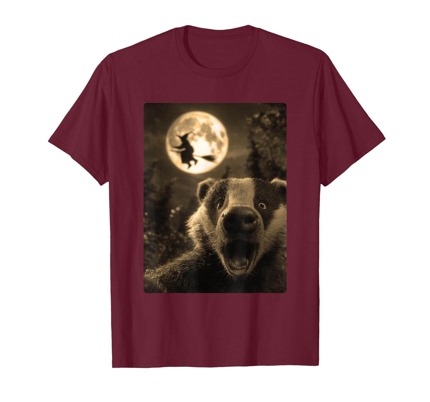 Funny Badger Selfie Full Moon Flying Witch Forest Halloween T-Shirt