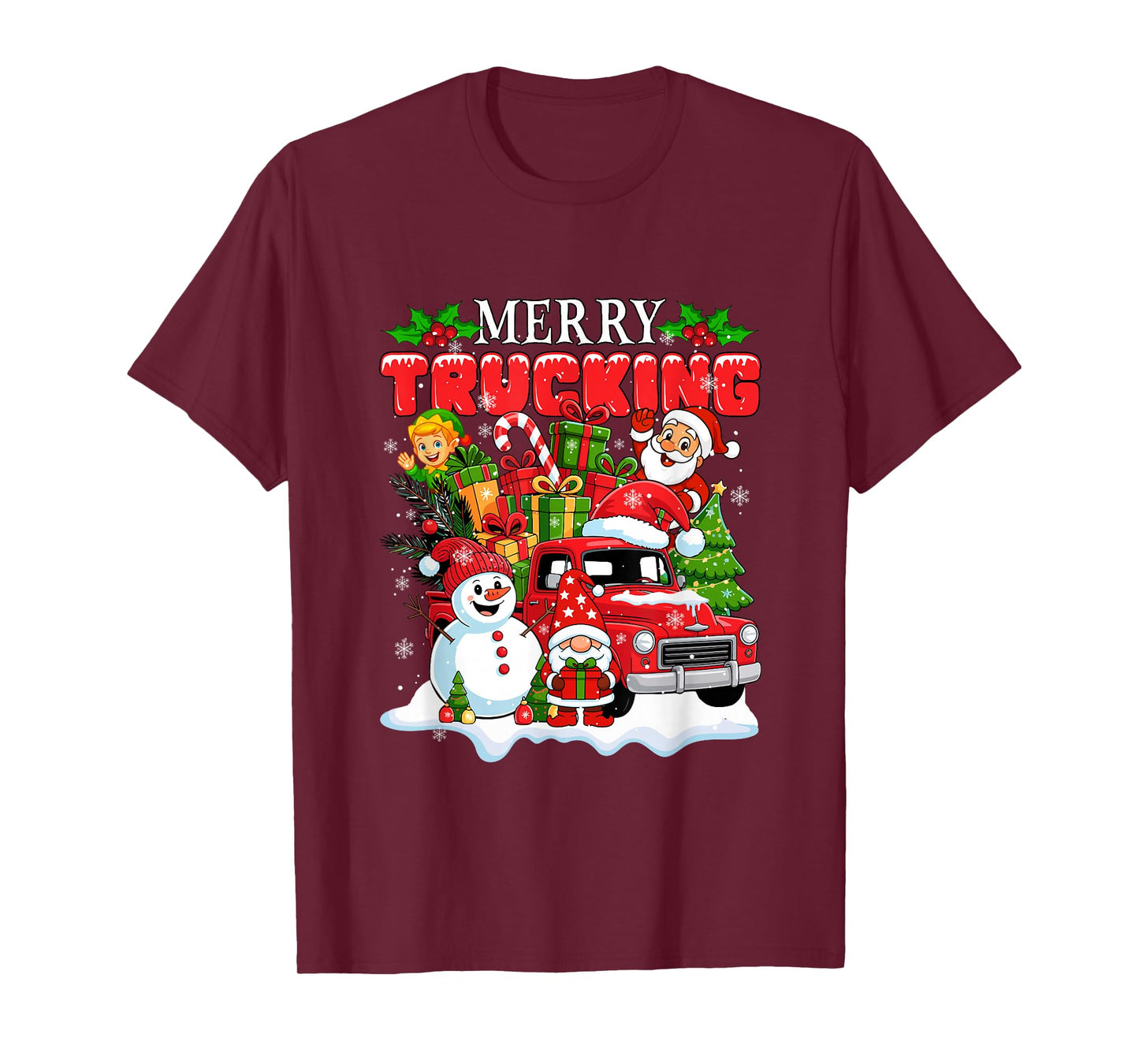 Merry Christmas Trucking Santa Gnome Elf On Truck Snowman T-Shirt