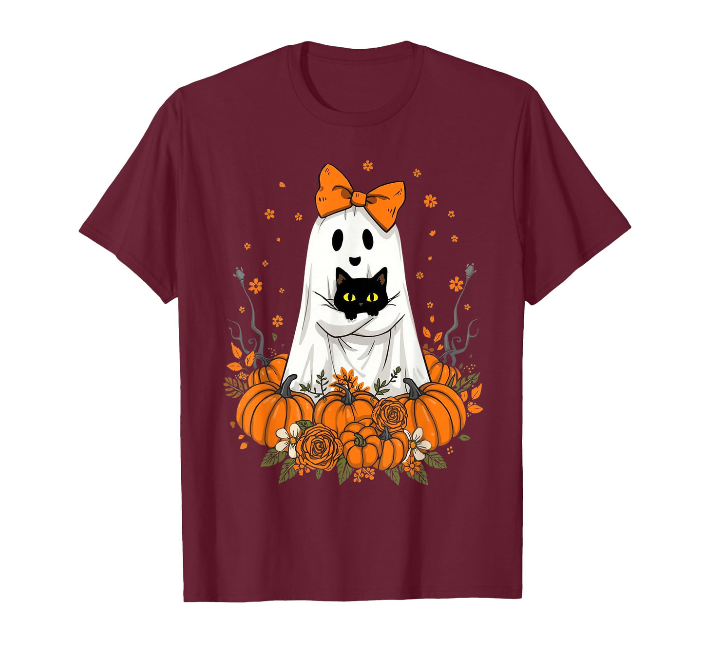 Vintage Halloween Ghost Holding Cat Groovy Floral Cat Meme T-Shirt