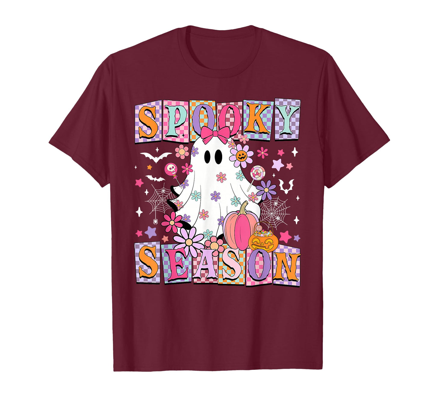 Floral Halloween Ghost Checkered Spooky Season Women Girls T-Shirt