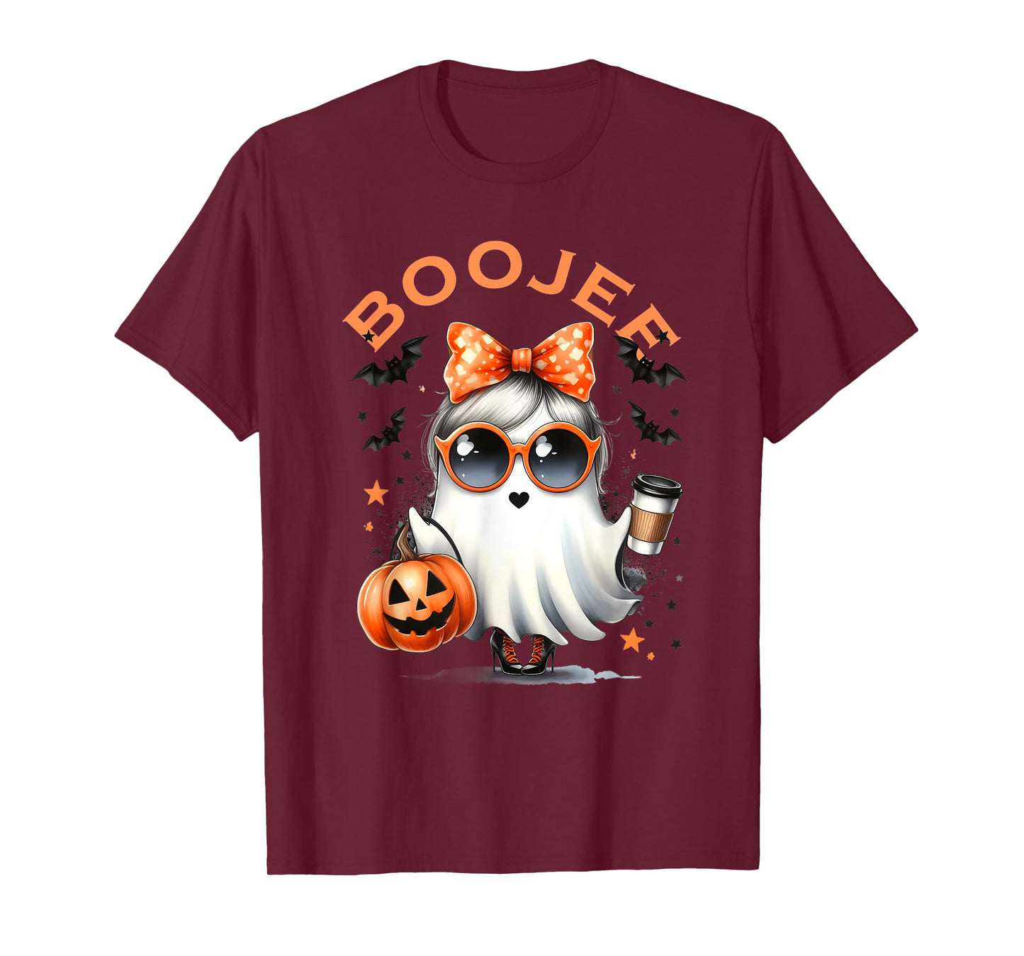 Boo Jee Ghost With Coffee Coquette Bow Halloween Women Girl T-Shirt